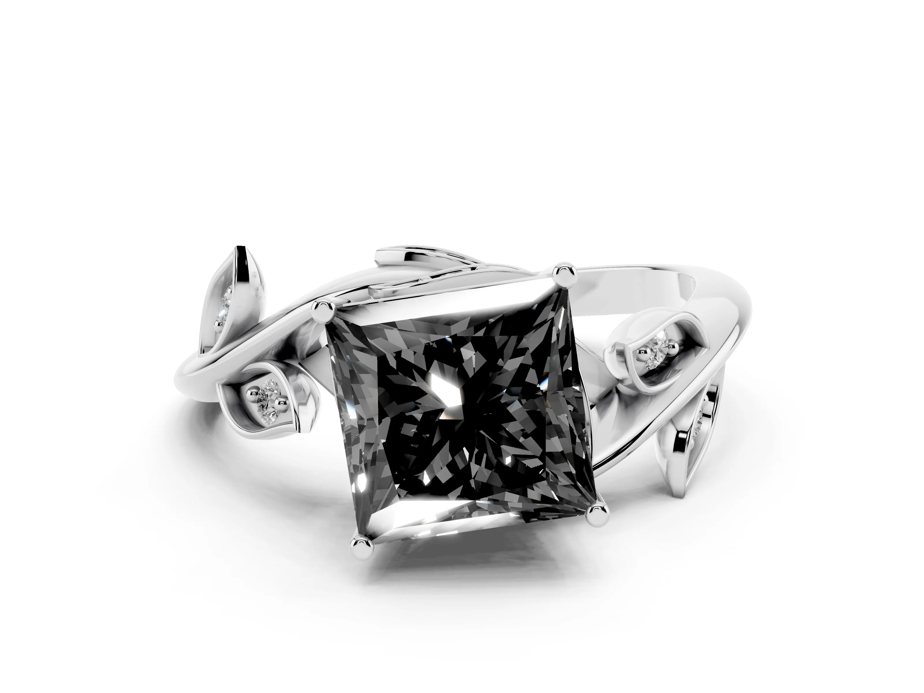 Fancy Black Princess Cut Diamond Solitaire Twist Engagement Ring Set in White gold with Pavé Leaf Accents
