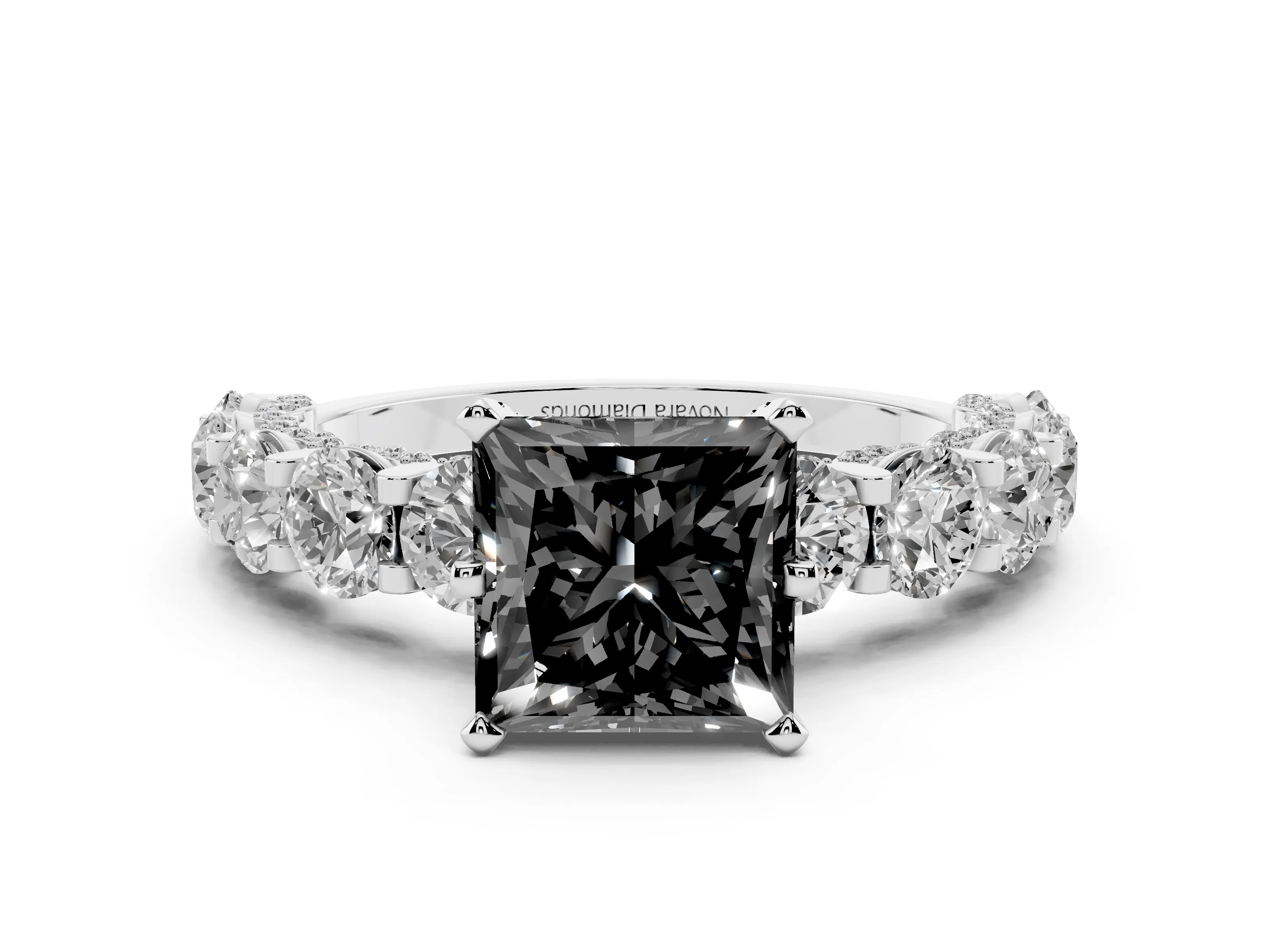 Fancy Black Princess Cut Diamond Side Stone Ring Set in White gold with Alternating Round and Oval Side Stones