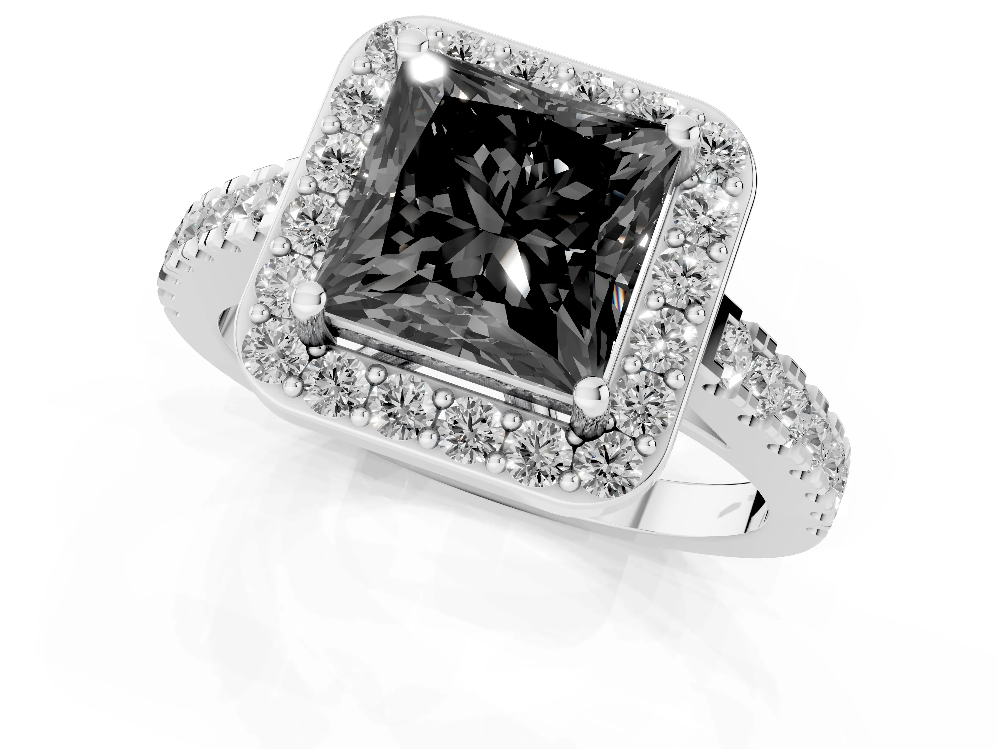 Fancy Black Princess Cut Diamond Halo Ring Set in Silver with Round Pavé Split Shank and Prong Setting