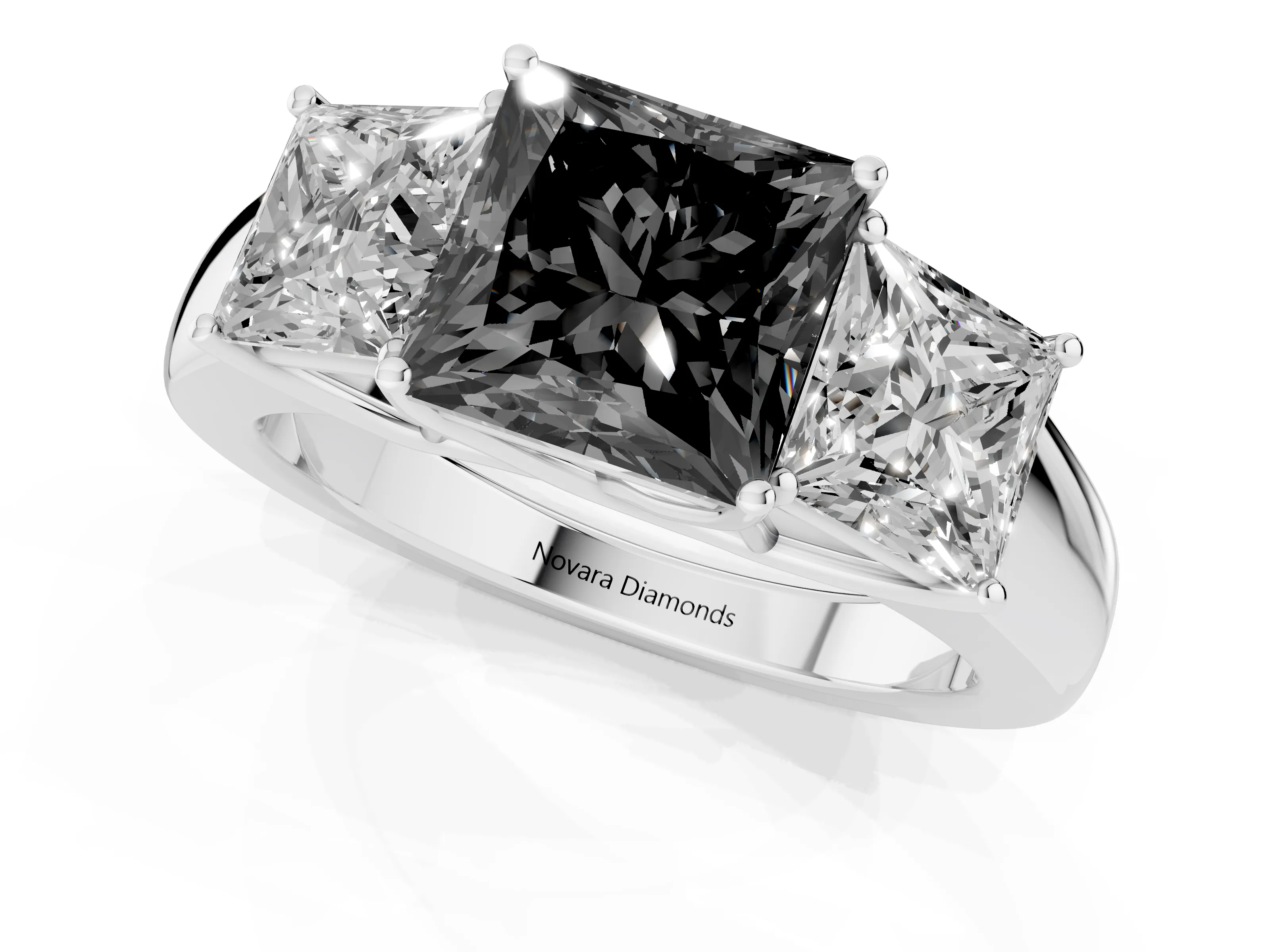 Fancy Black Three-Stone Princess Cut Diamond Ring Set in White gold with Matching Prong Settings and Plain Band