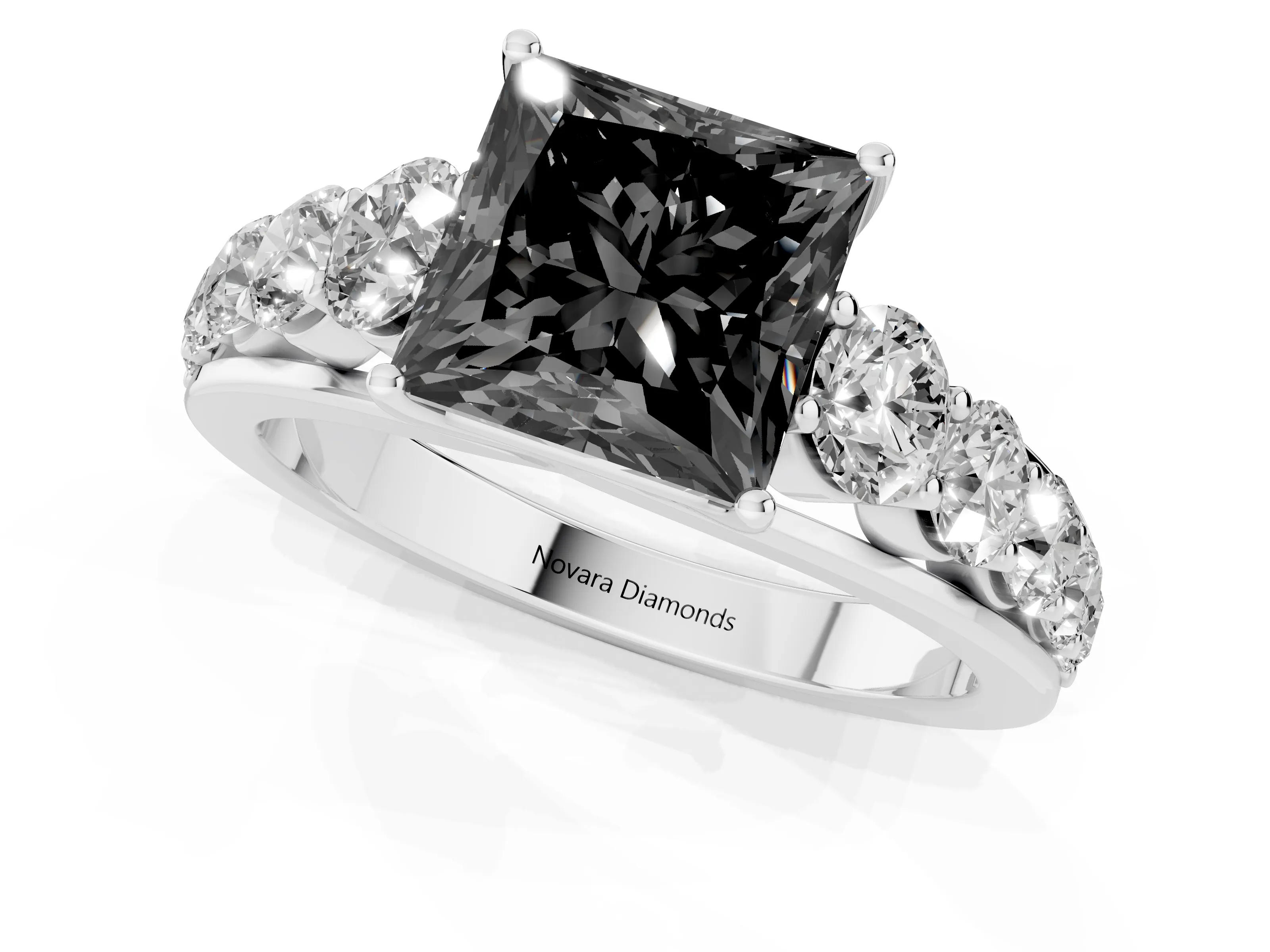 Fancy Black Princess Cut Diamond Solitaire Ring Set in Platinum with Pavé-Set Band and Prong Setting