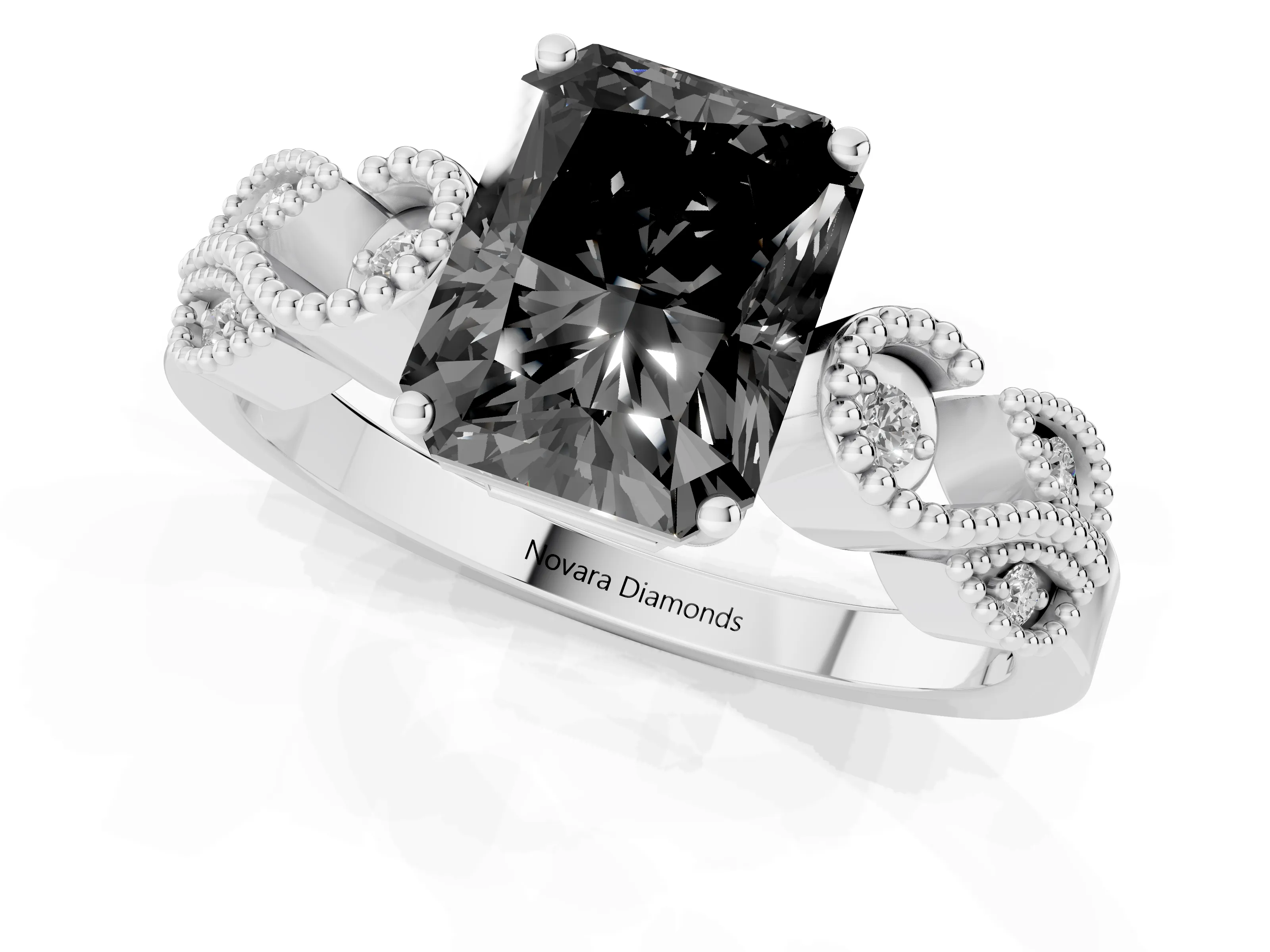 Fancy Black Princess Cut Diamond Milgrain Leaf Band Solitaire Ring Set in White gold with Accent Stones and Prong Setting