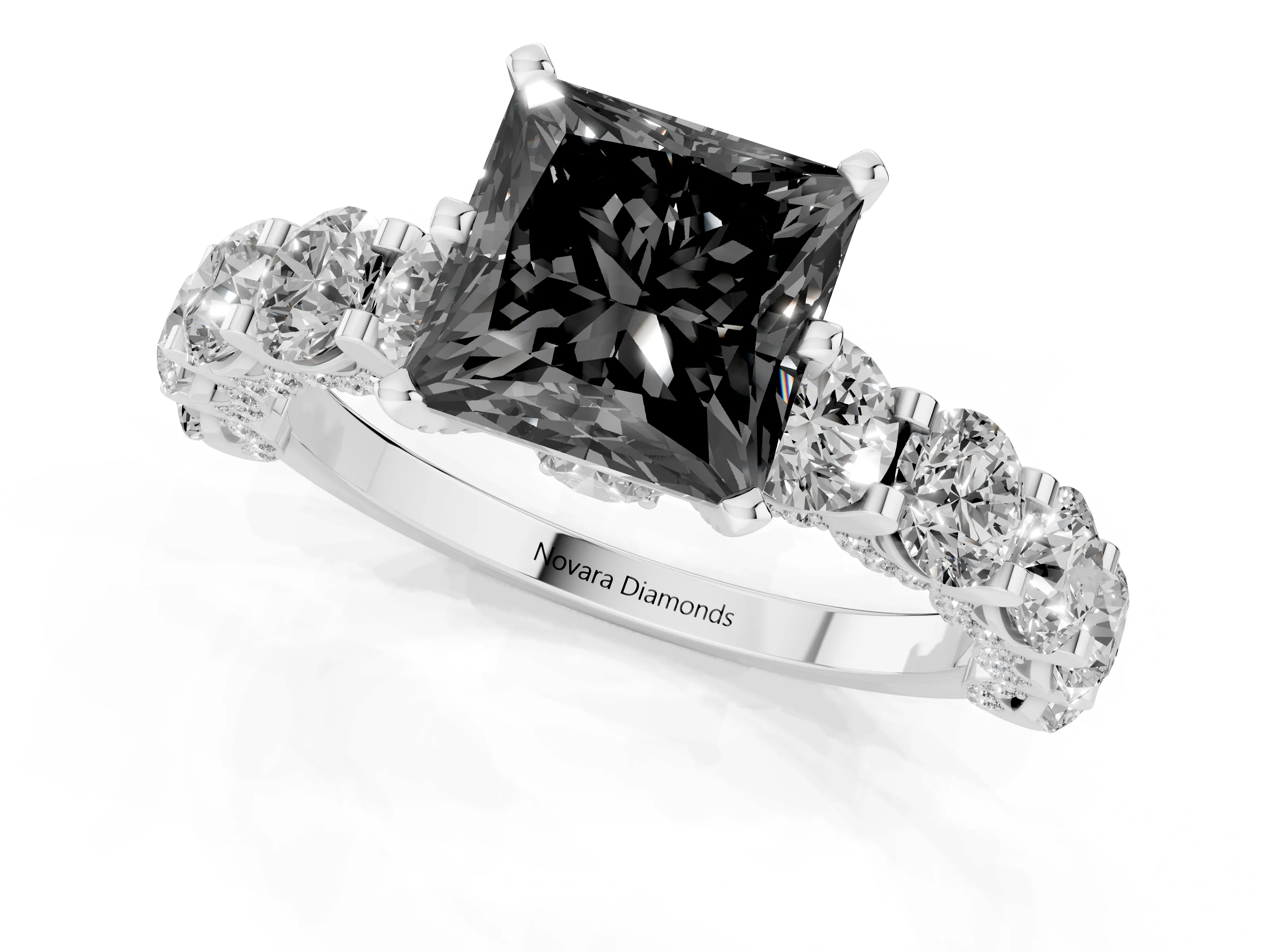 Fancy Black Princess Cut Diamond Side Stone Ring Set in Platinum with Alternating Round and Oval Side Stones