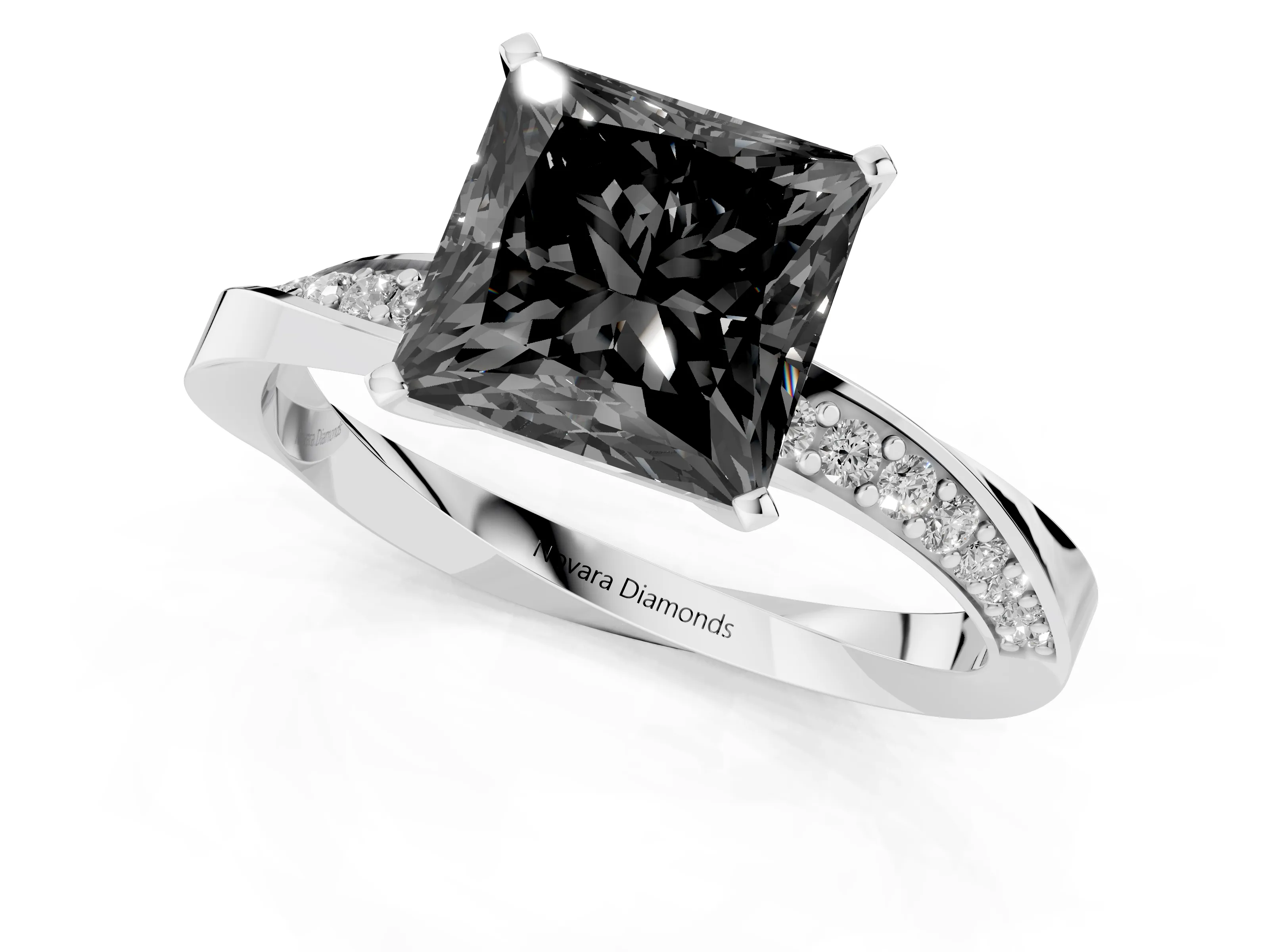 Fancy Black Princess Cut Diamond Engagement Ring Set in Platinum with Side Stone Accents and Prong Setting – second view