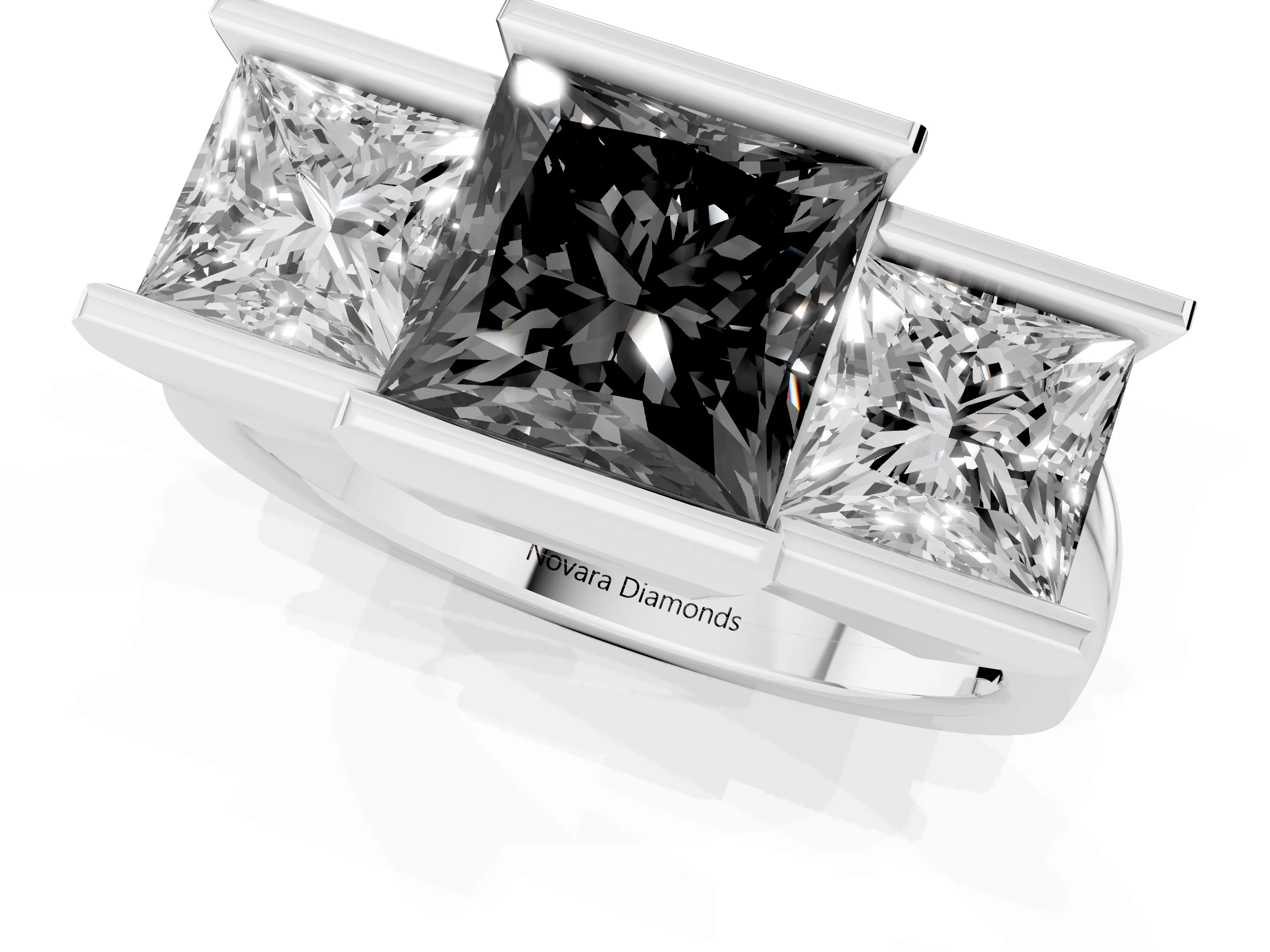 Fancy Black Princess Cut Diamond Three-Stone Channel Set Ring Set in Platinum with Smooth Polished Band