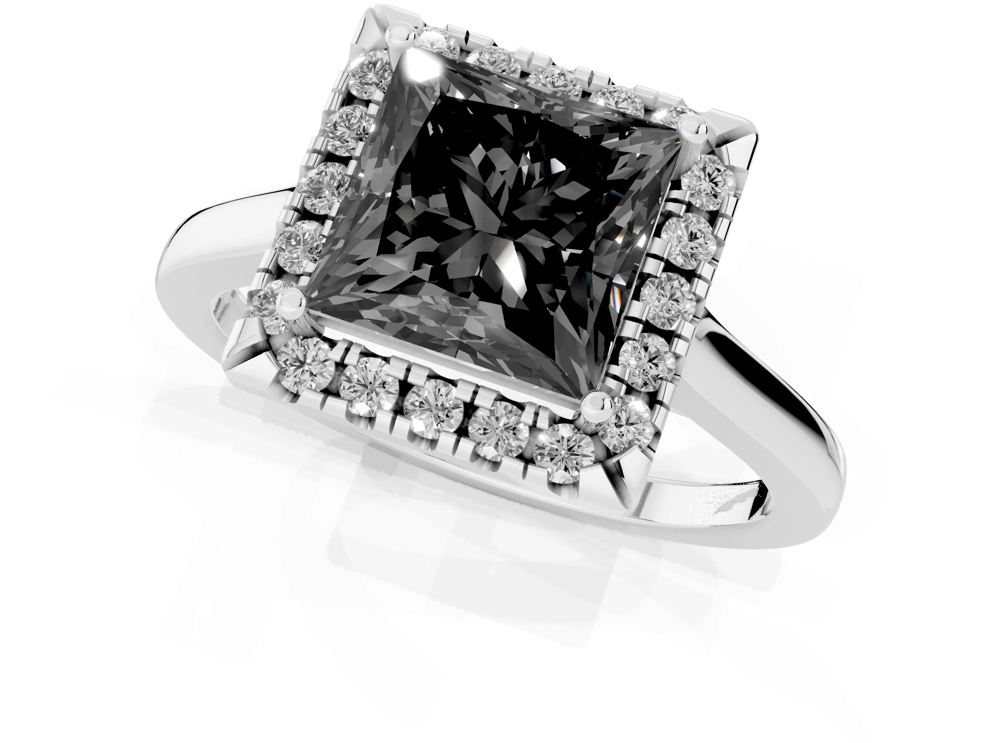 Fancy Black Princess Cut Halo Round Diamond Solitaire Ring Set in Platinum with Pavé Band and Prong Setting