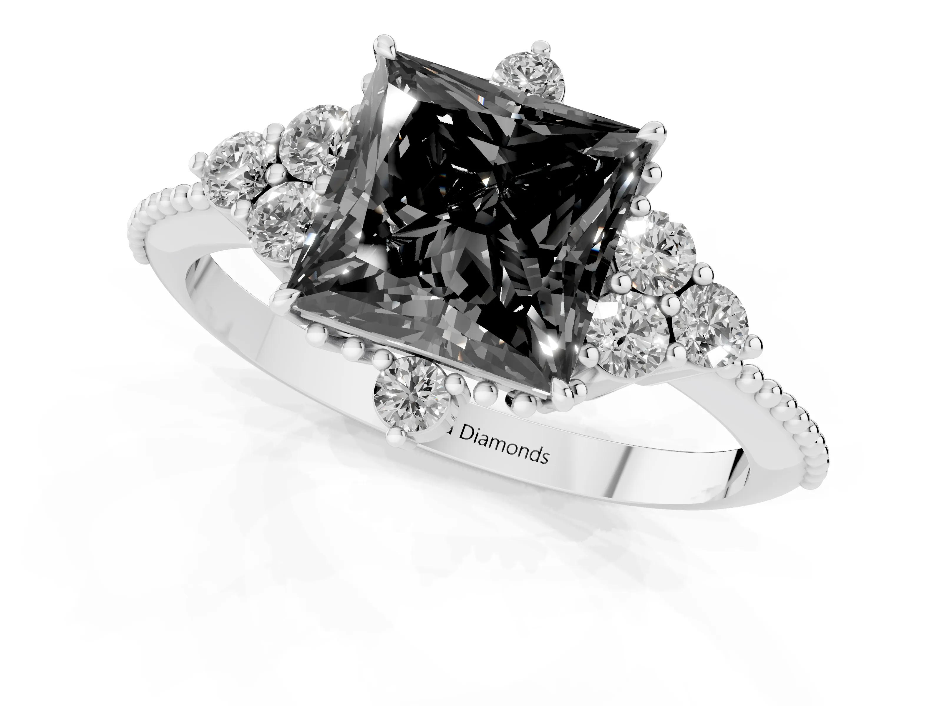 Fancy Black Princess Cut Diamond Cluster Ring Set in Silver with Beaded Band