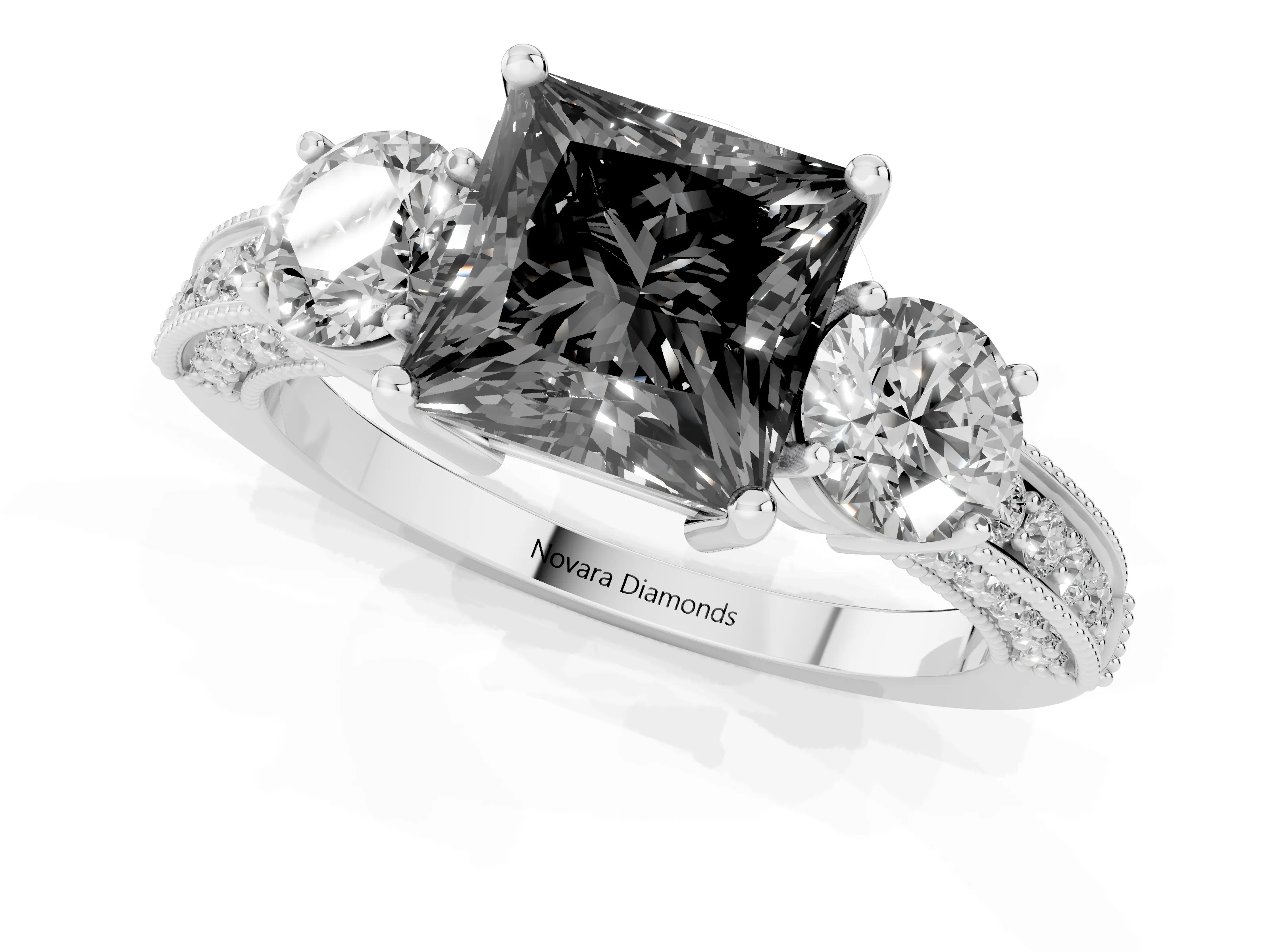 Fancy Black Princess Cut Diamond Three-Stone Ring Set in White gold with Round Side Stones and Pavé Band