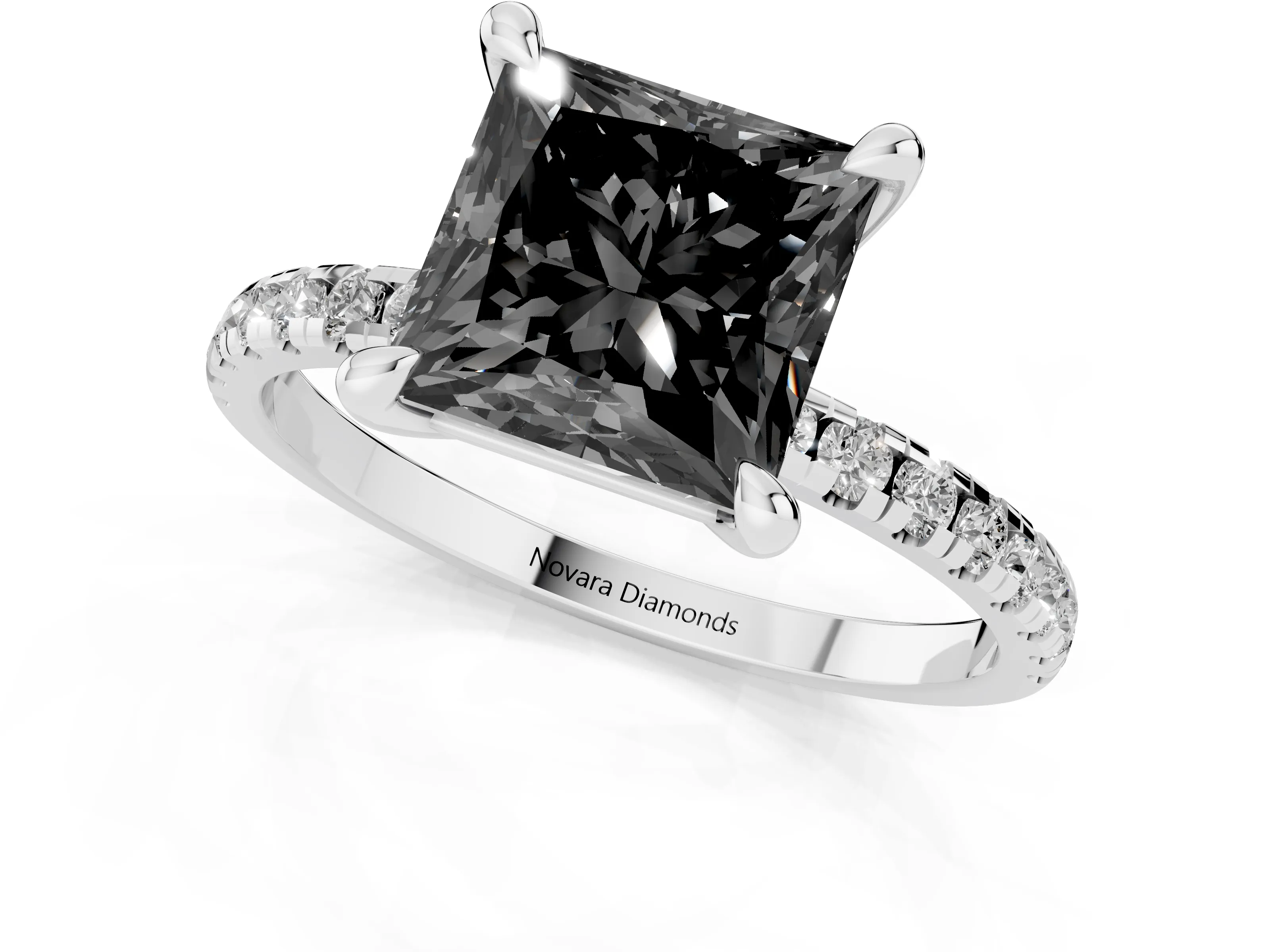 Fancy Black Princess Cut Diamond Brilliant Solitaire Ring Set in White gold with Pavé Band and Prong Setting