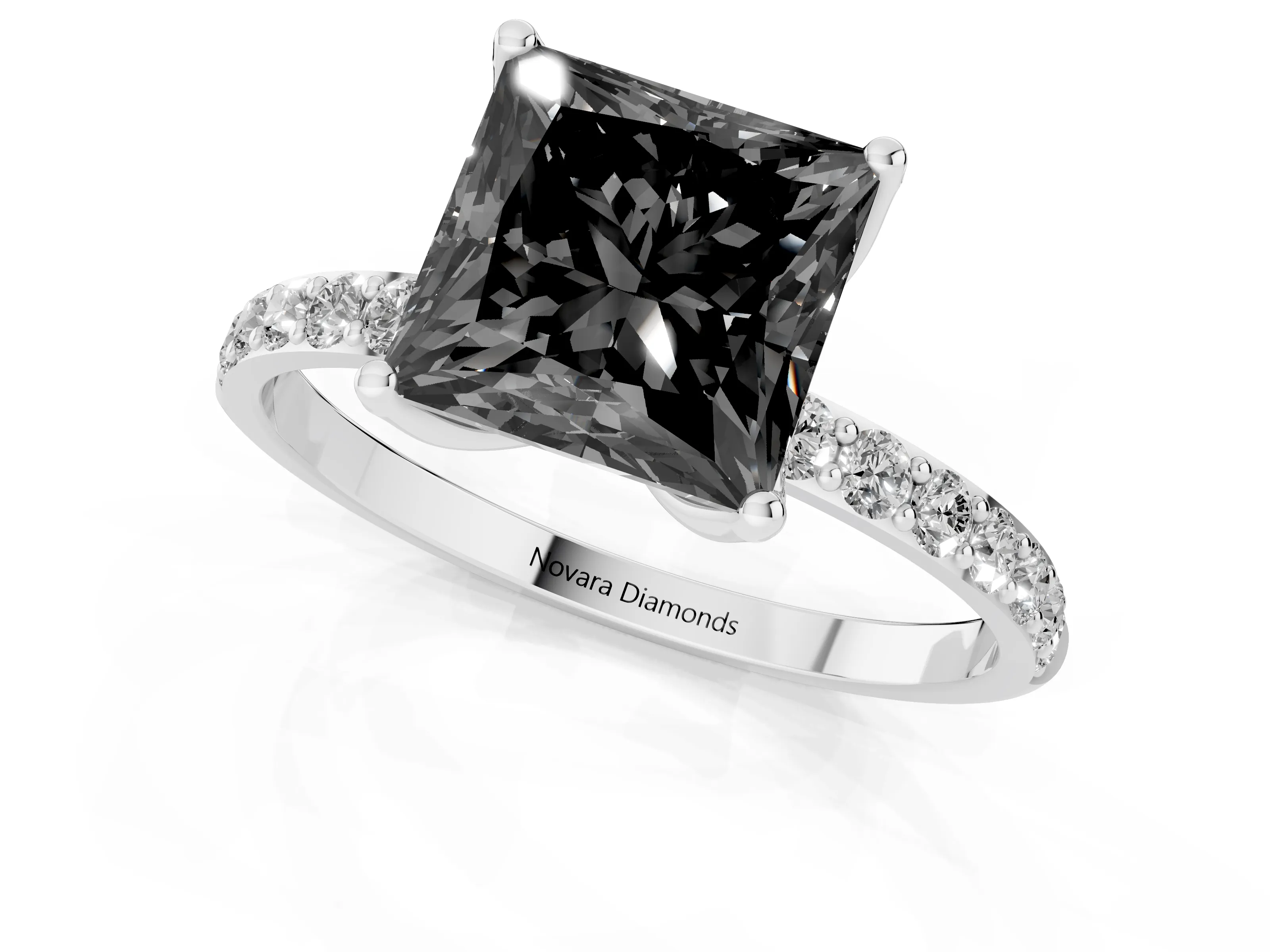 Fancy Black Princess Cut Diamond Solitaire Engagement Ring Set in Platinum with Round Pavé Band and Prong Setting