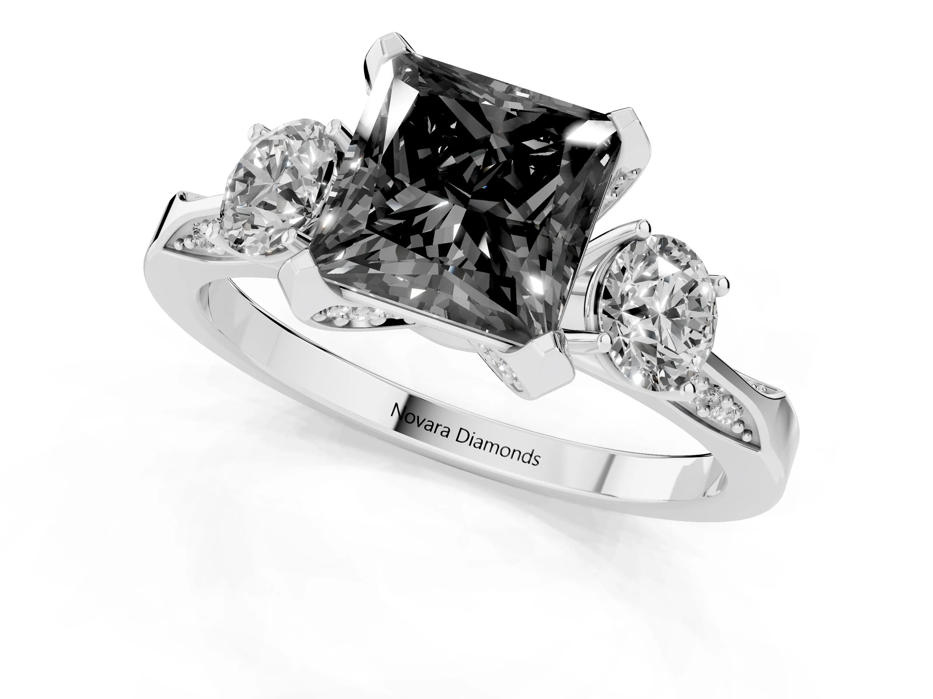 Fancy Black Princess Cut Diamond Three-Stone Ring Set in White gold with Pavé Band and Smaller Side Stones – second view