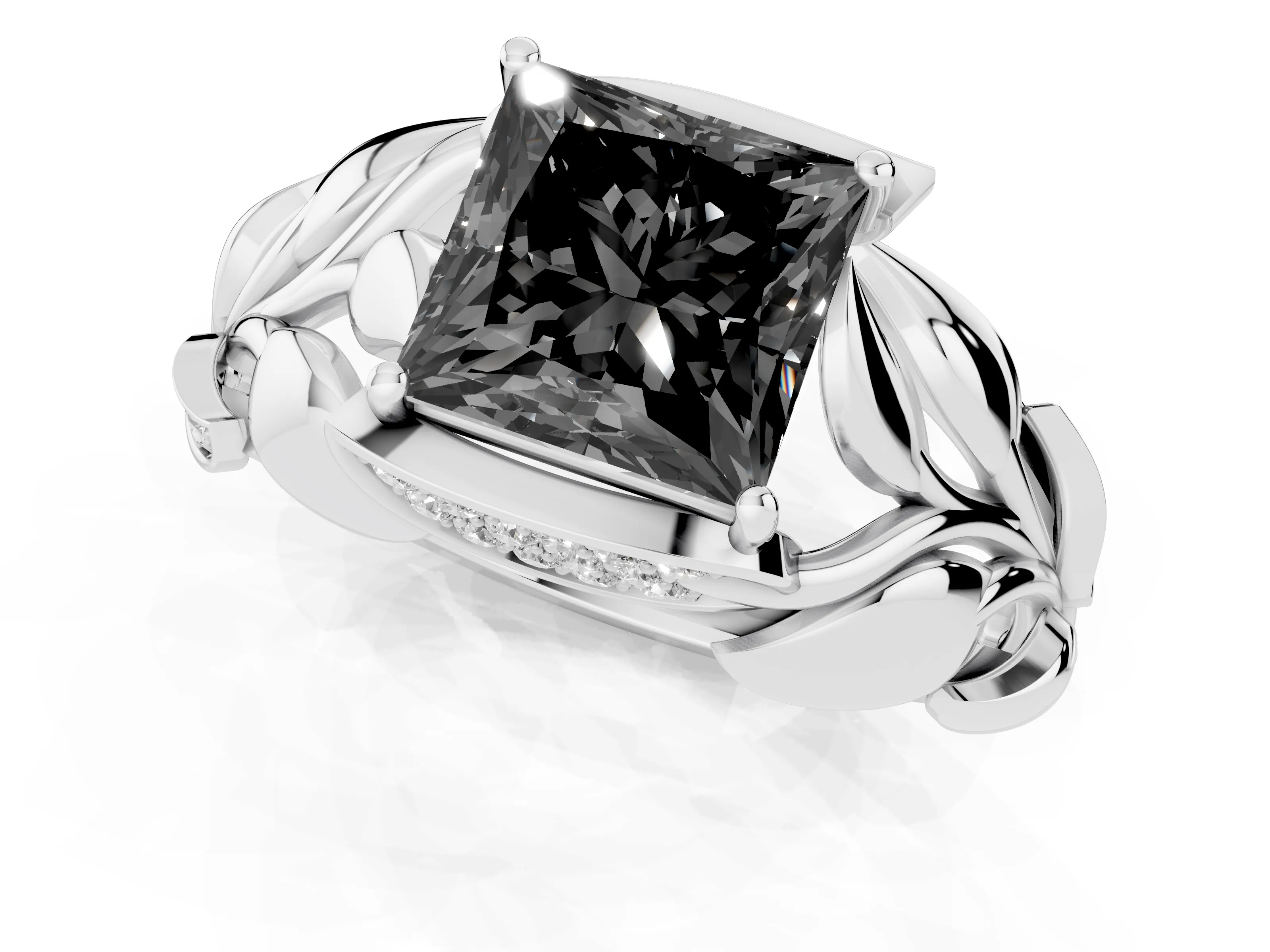 Fancy Black Princess Cut Diamond Leaf-Inspired Engagement Ring Set in Silver with Round Accents – second view