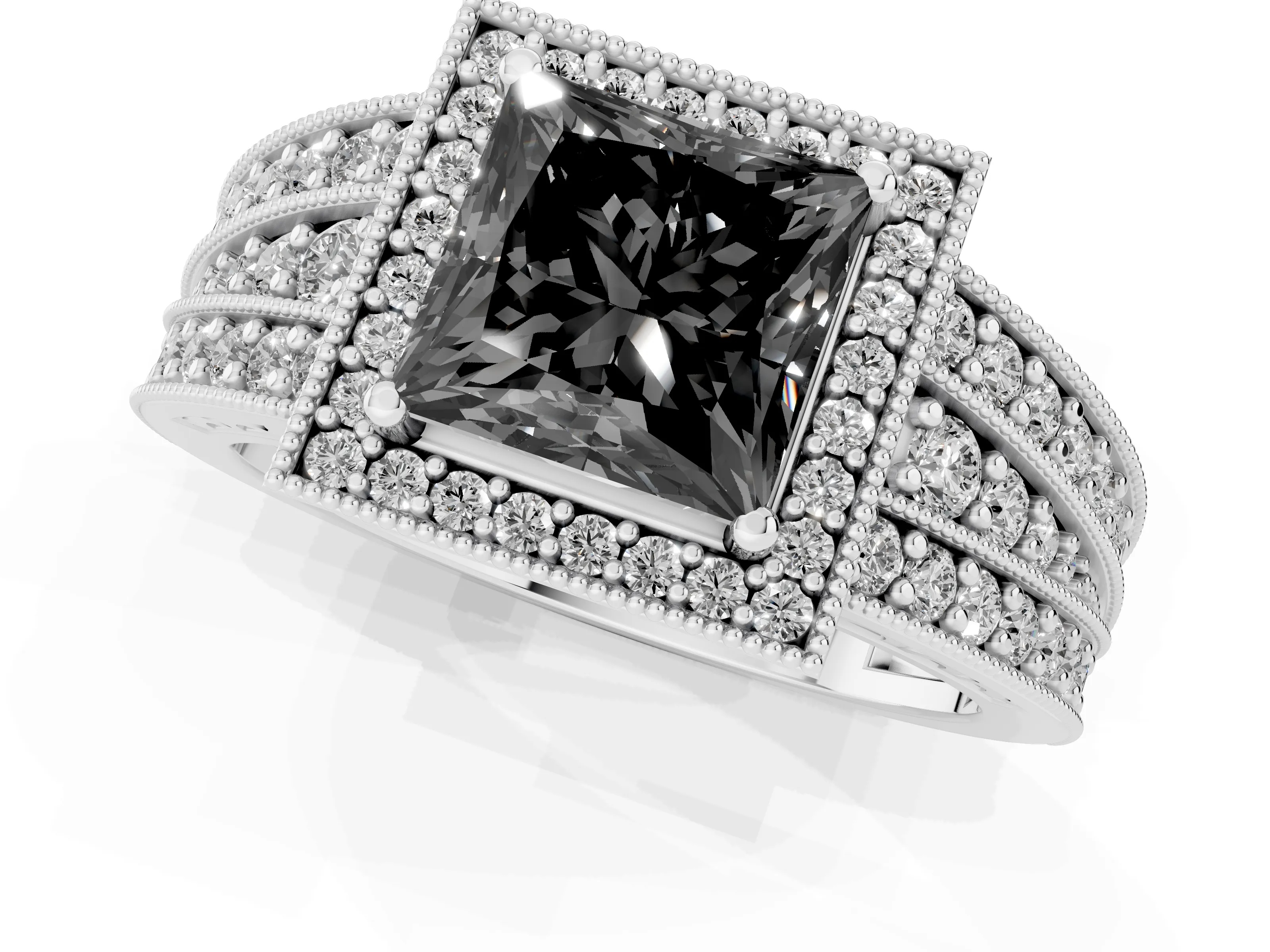 Fancy Black Princess Cut Diamond Halo Ring Set in White gold with Accent Split Shank and Prong Setting