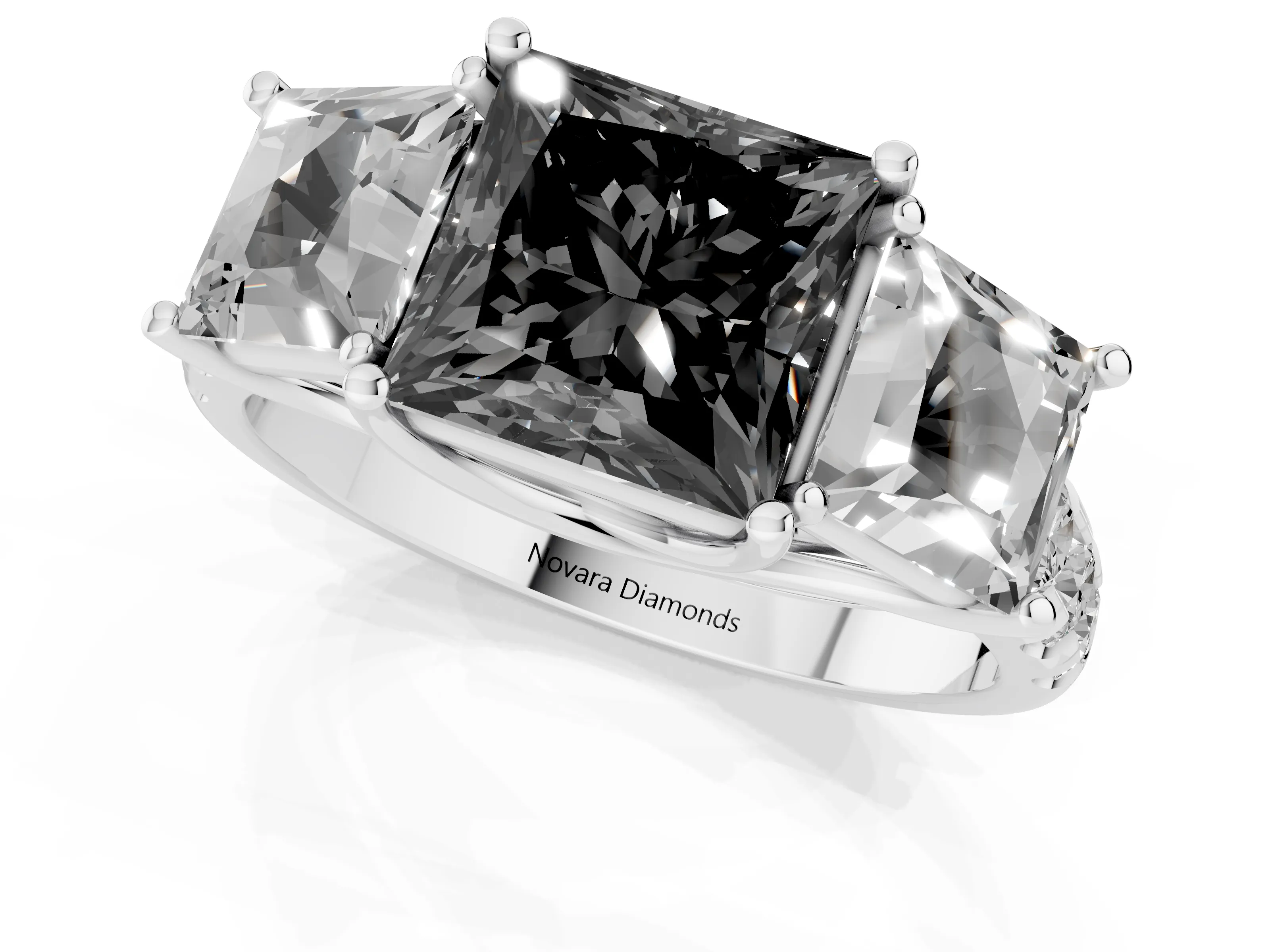 Fancy Black Princess Cut Diamond Three-Stone Ring Set in White gold with Pavé Band