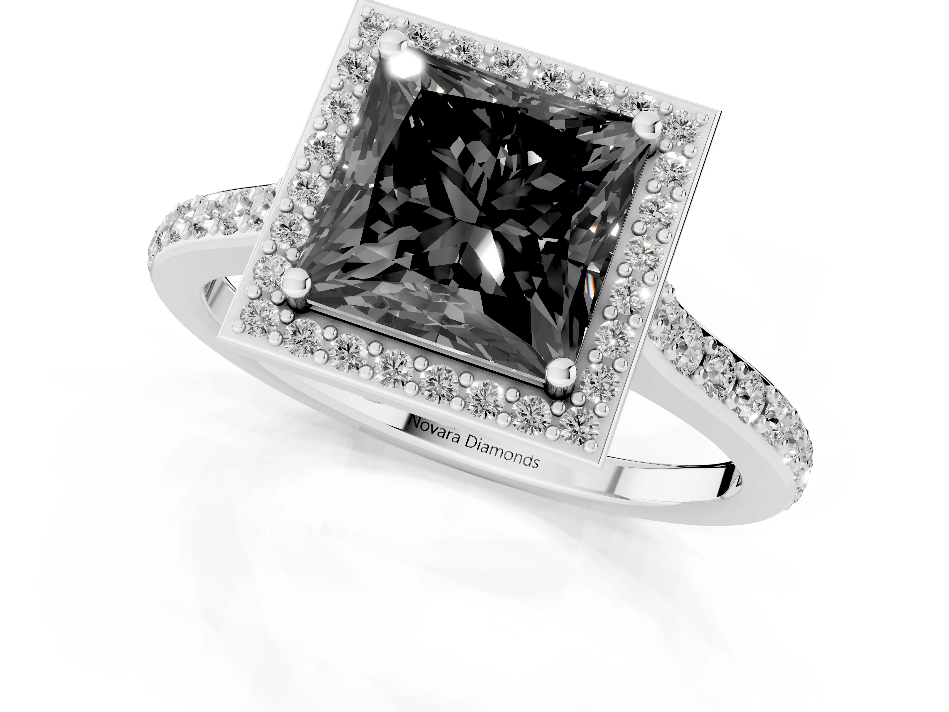 Fancy Black Princess Cut Diamond Halo Engagement Ring Set in Platinum with Round Pavé Shoulders and Heart Gallery – second view
