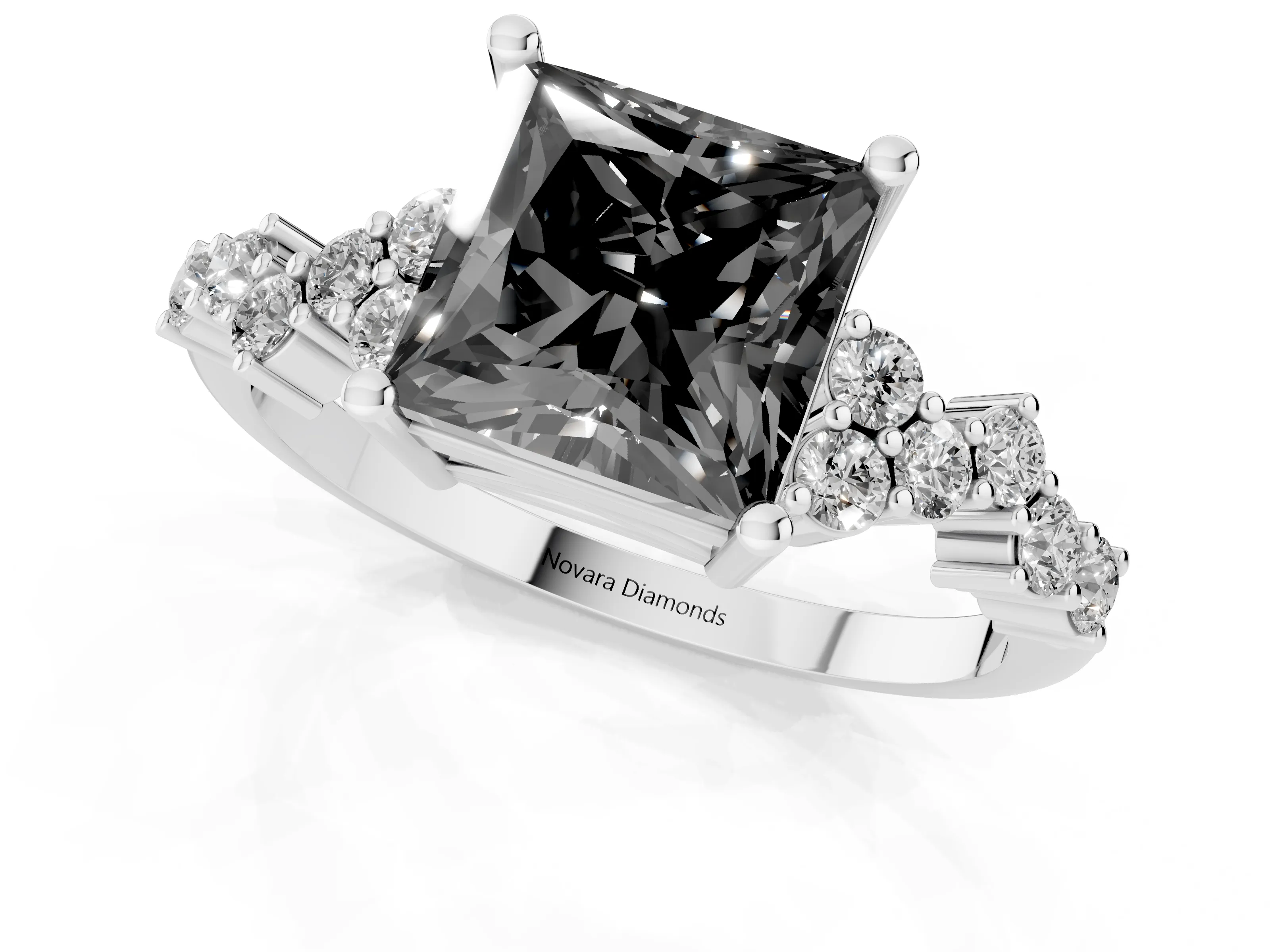 Fancy Black Princess Cut Diamond Ring Set in Platinum with Scattered Round Accents