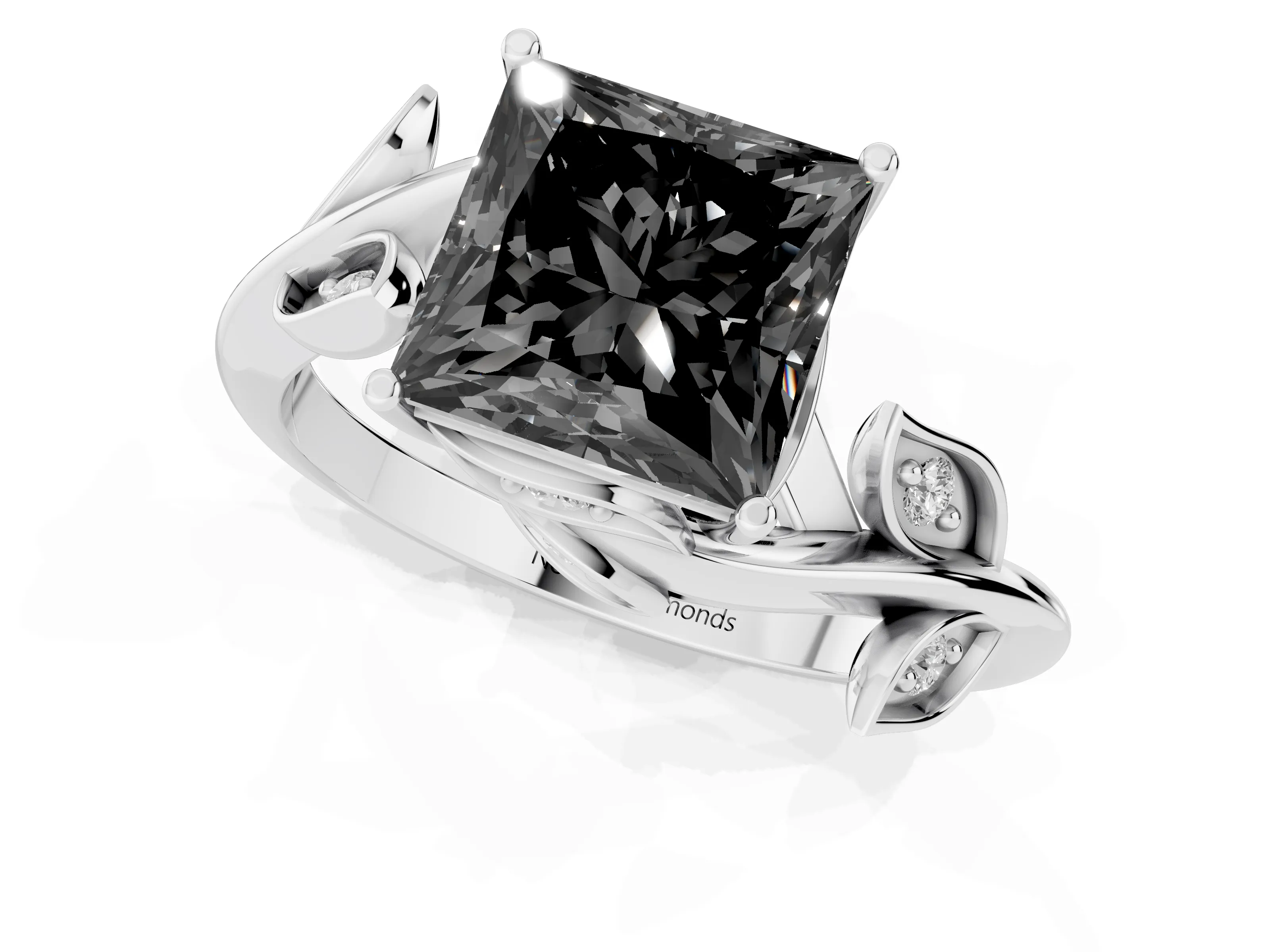 Fancy Black Princess Cut Diamond Solitaire Twist Engagement Ring Set in Silver with Pavé Leaf Accents