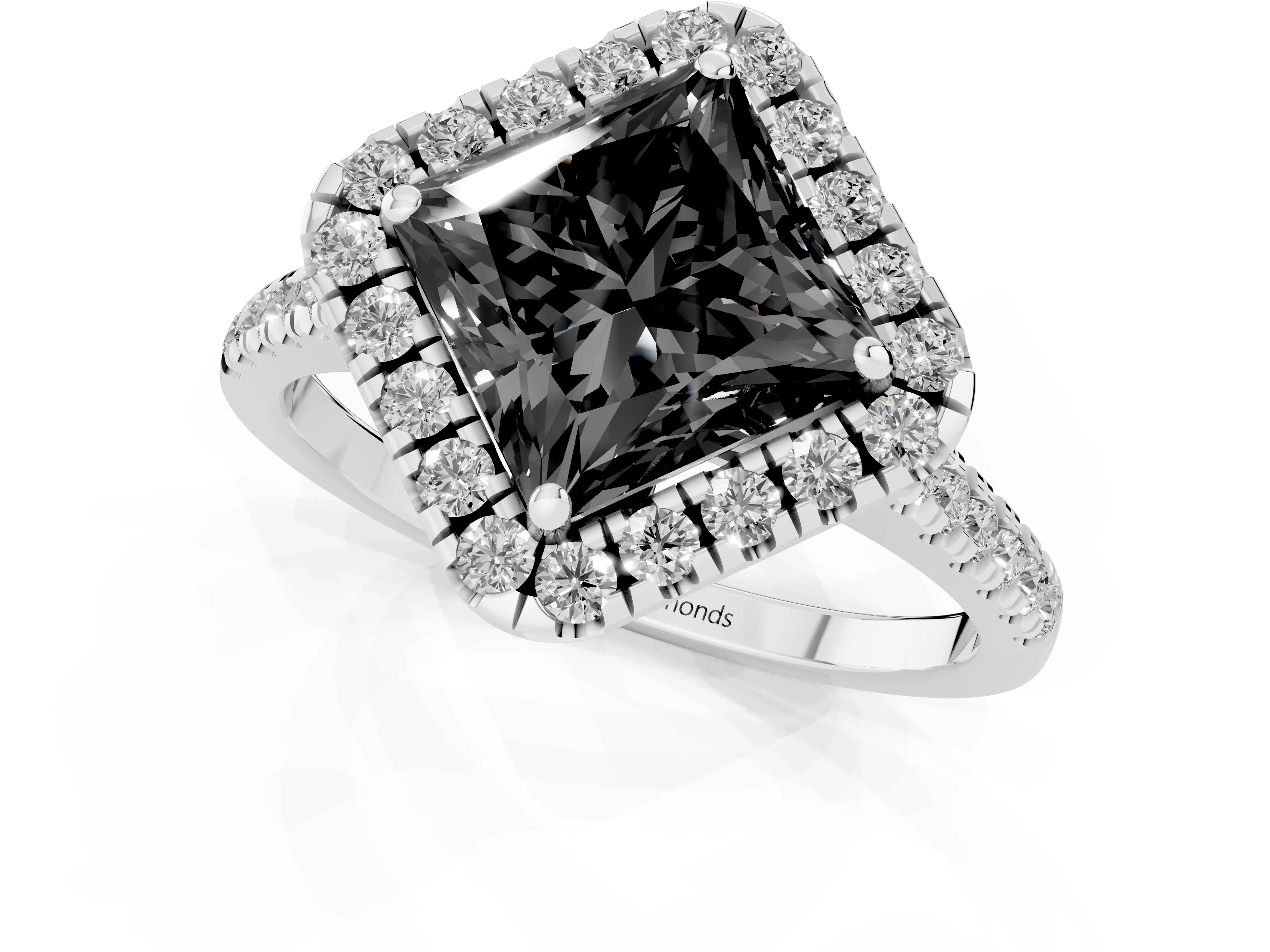 Fancy Black Princess Cut Diamond Cushion Halo Ring Set in Platinum with Pavé Band