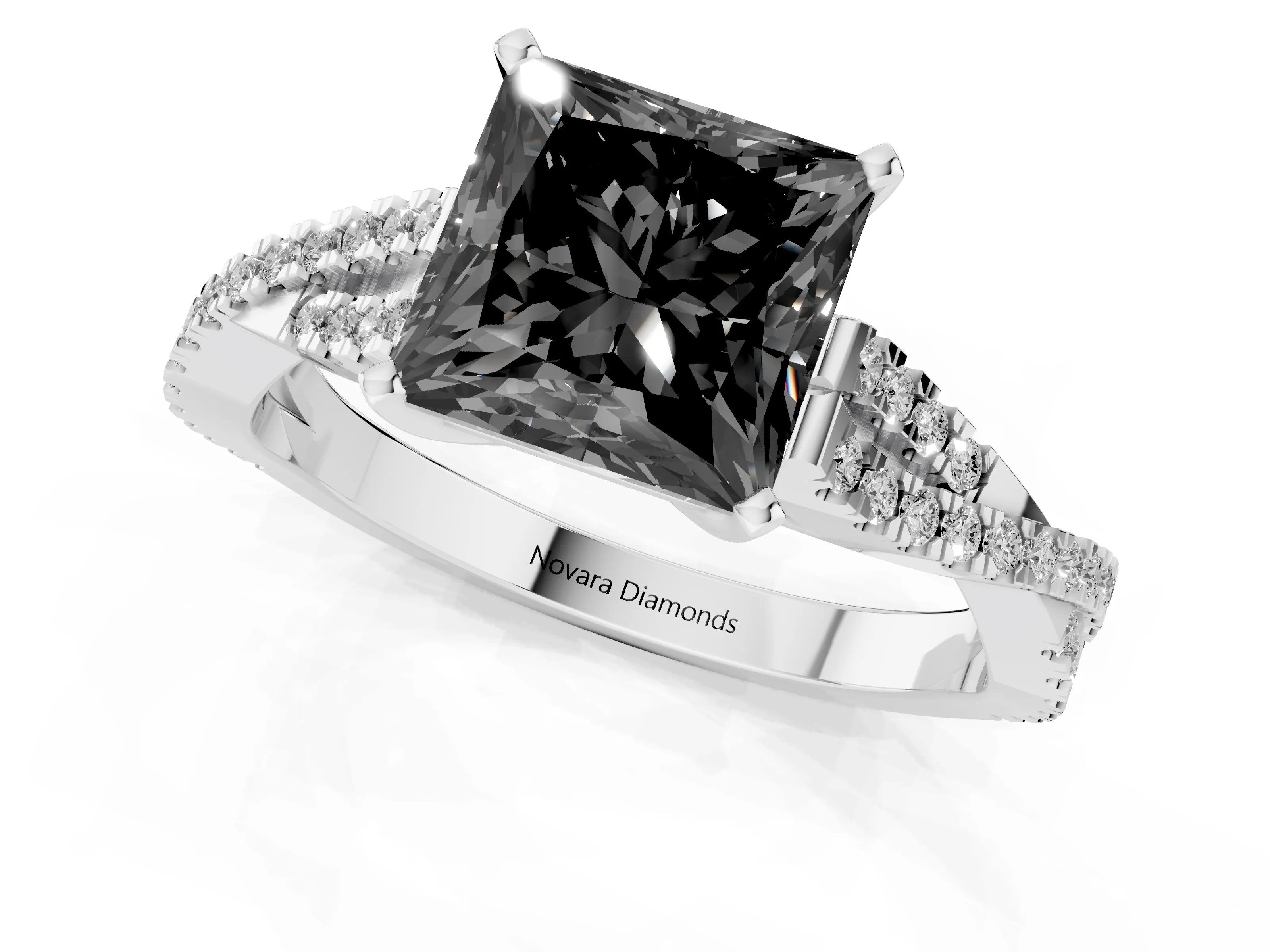 Fancy Black Princess Cut Diamond Solitaire Engagement Ring Set in Silver with Twisted Pavé Band and Prong Setting