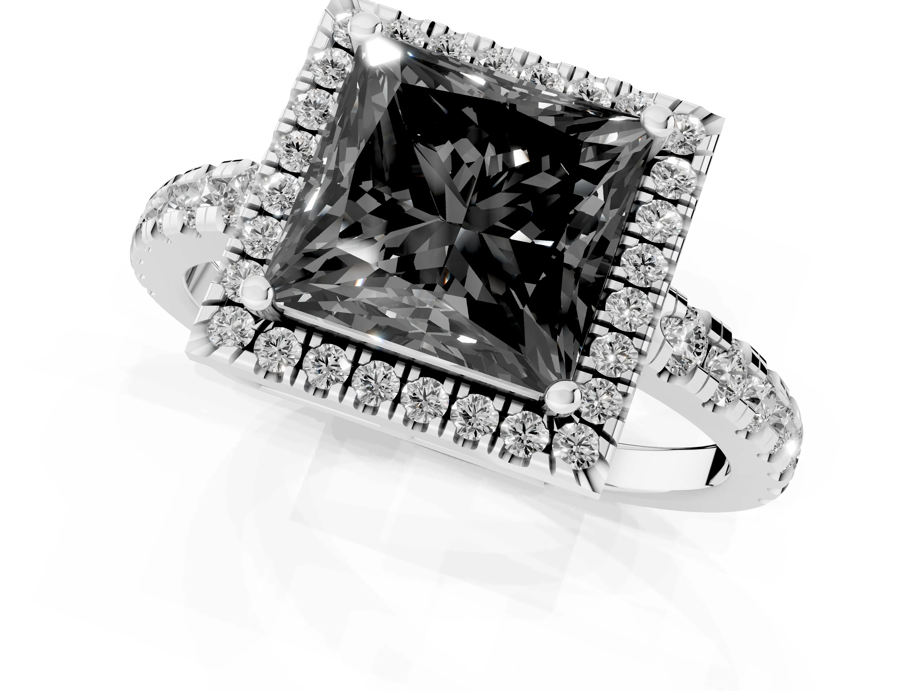 Fancy Black Princess Cut Diamond Halo Ring Set in Platinum with Delicate Pavé Band and Prong Setting