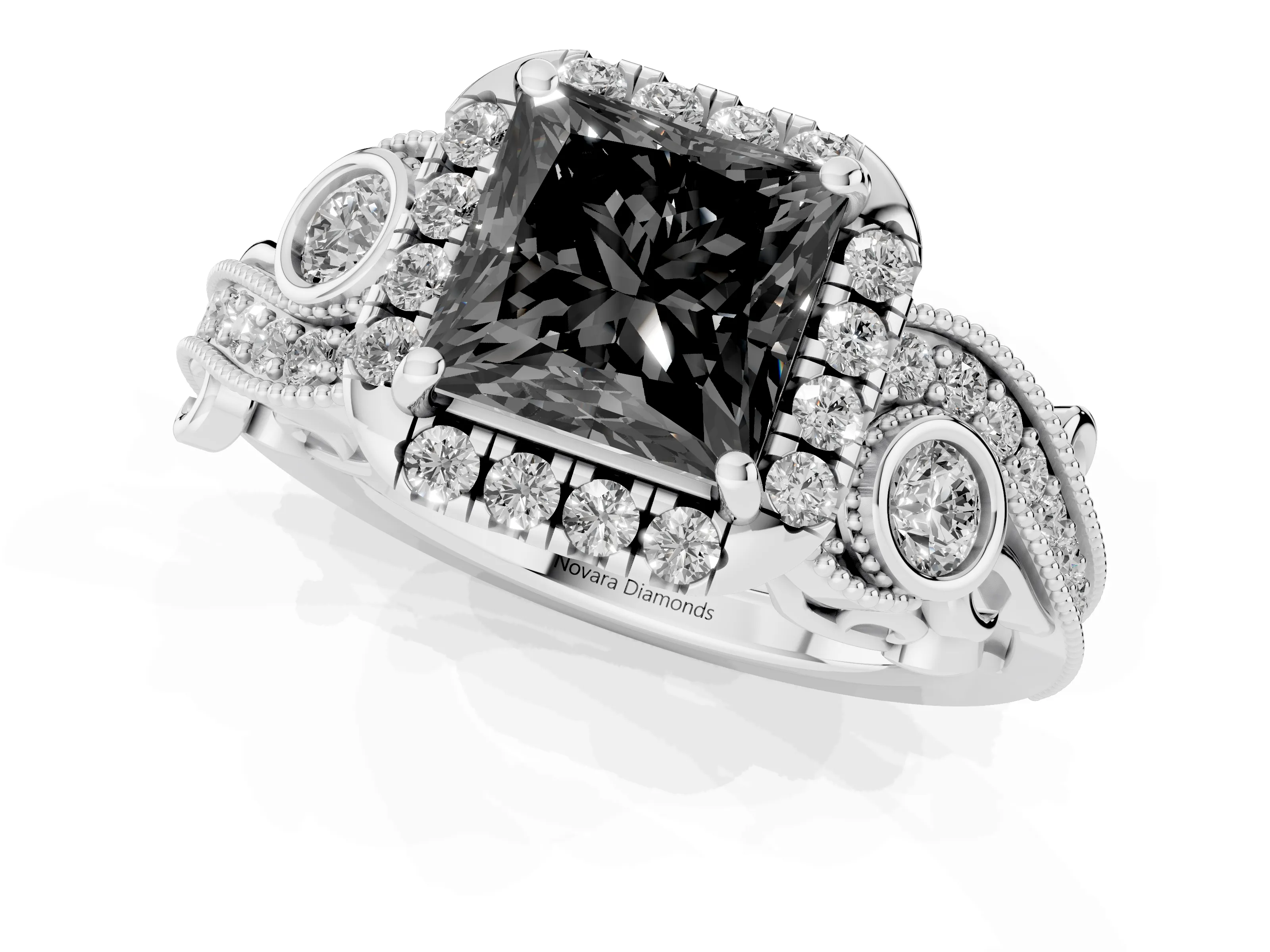 Fancy Black Princess Cut Diamond Halo Split Shank Ring Set in Silver with Milgrain and Bezel Accents