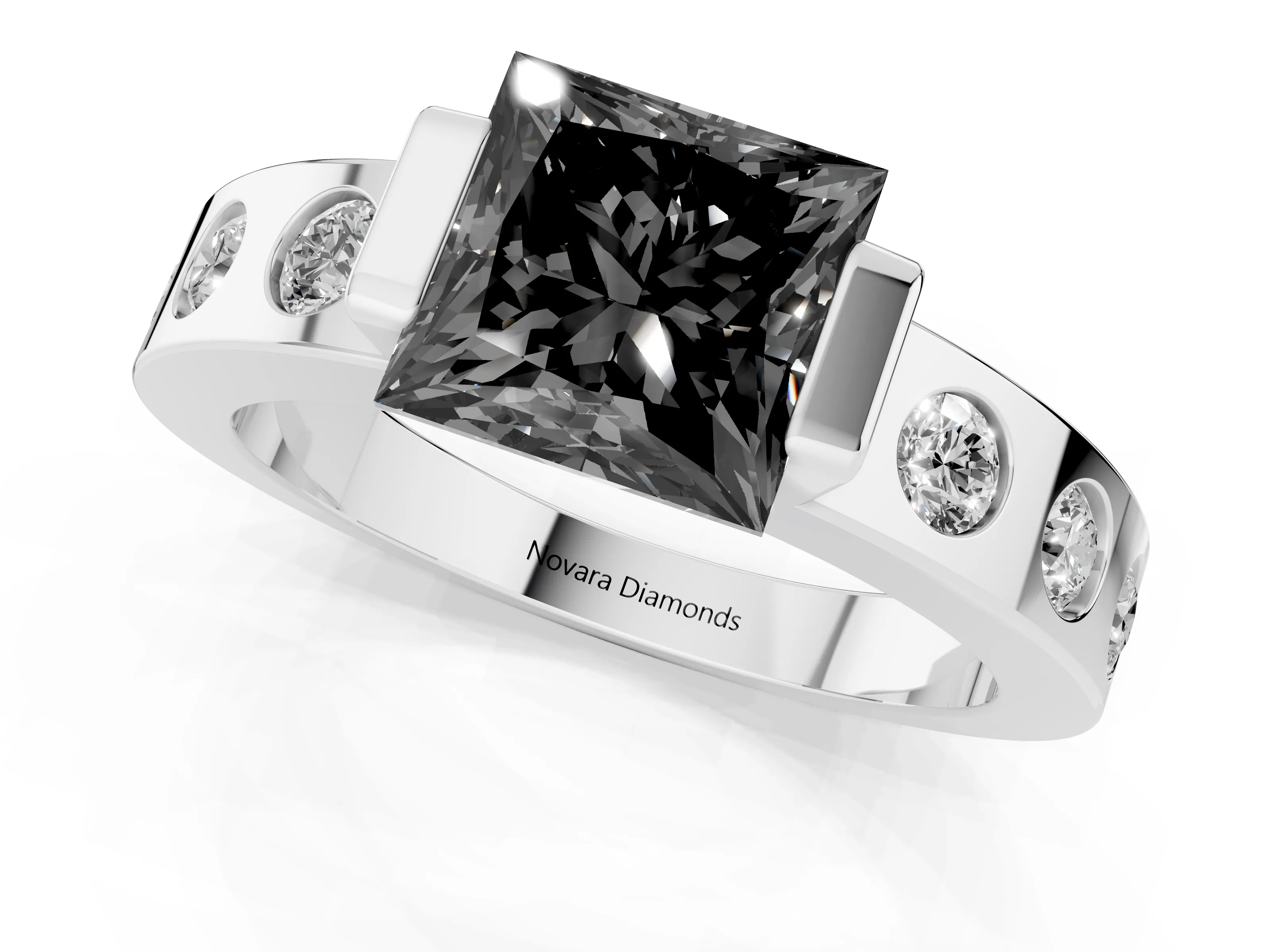 Fancy Black Princess Cut Diamond Channel-Set Band Ring Set in White gold with Bezel Prong Setting