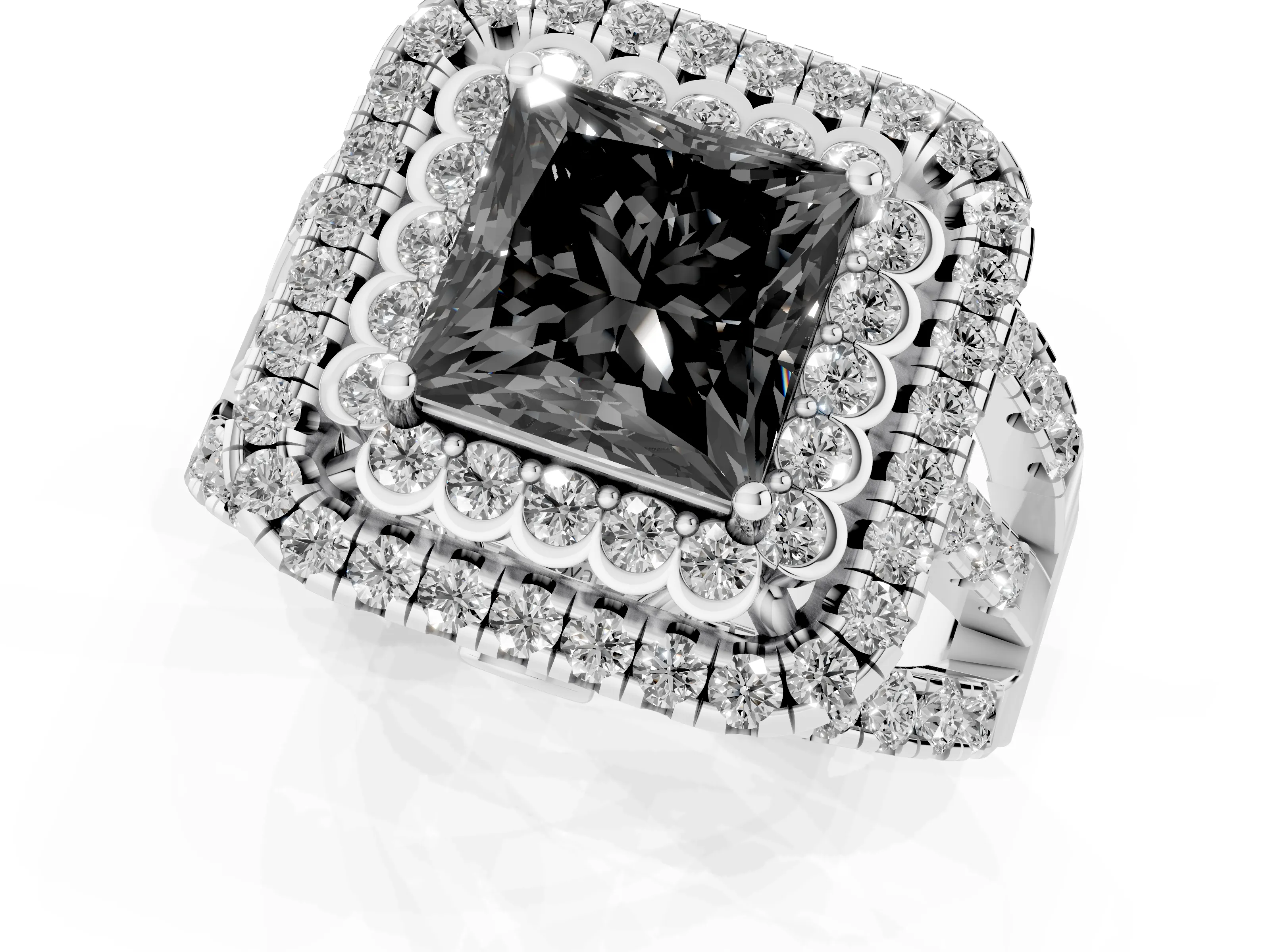 Fancy Black Princess Cut Diamond Double Halo Ring Set in White gold with Round Pavé Split Shank