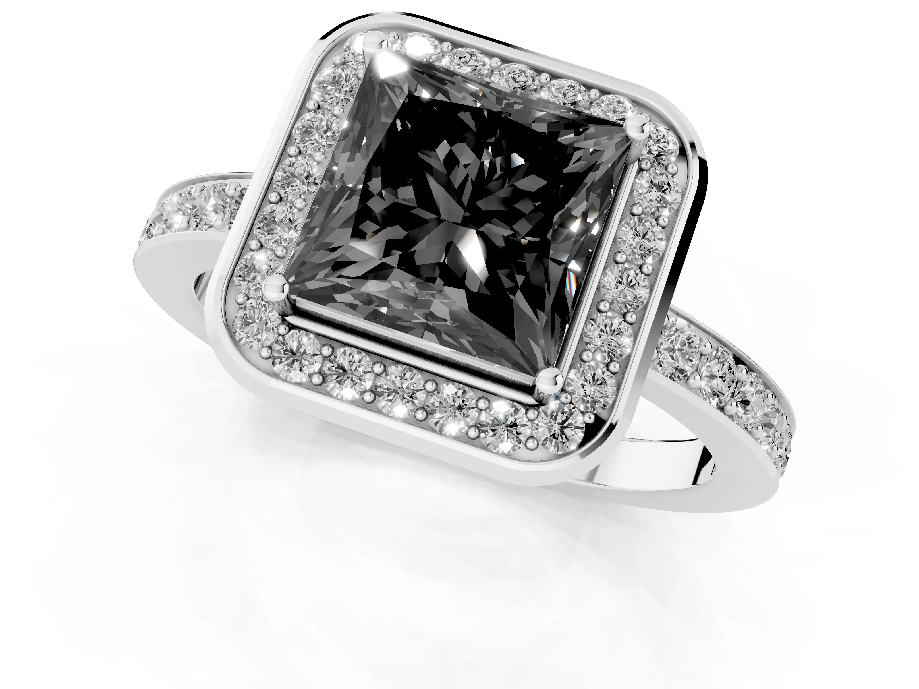 Fancy Black Princess Cut Diamond Halo Ring Set in Platinum with Bezel Frame and Pavé Band