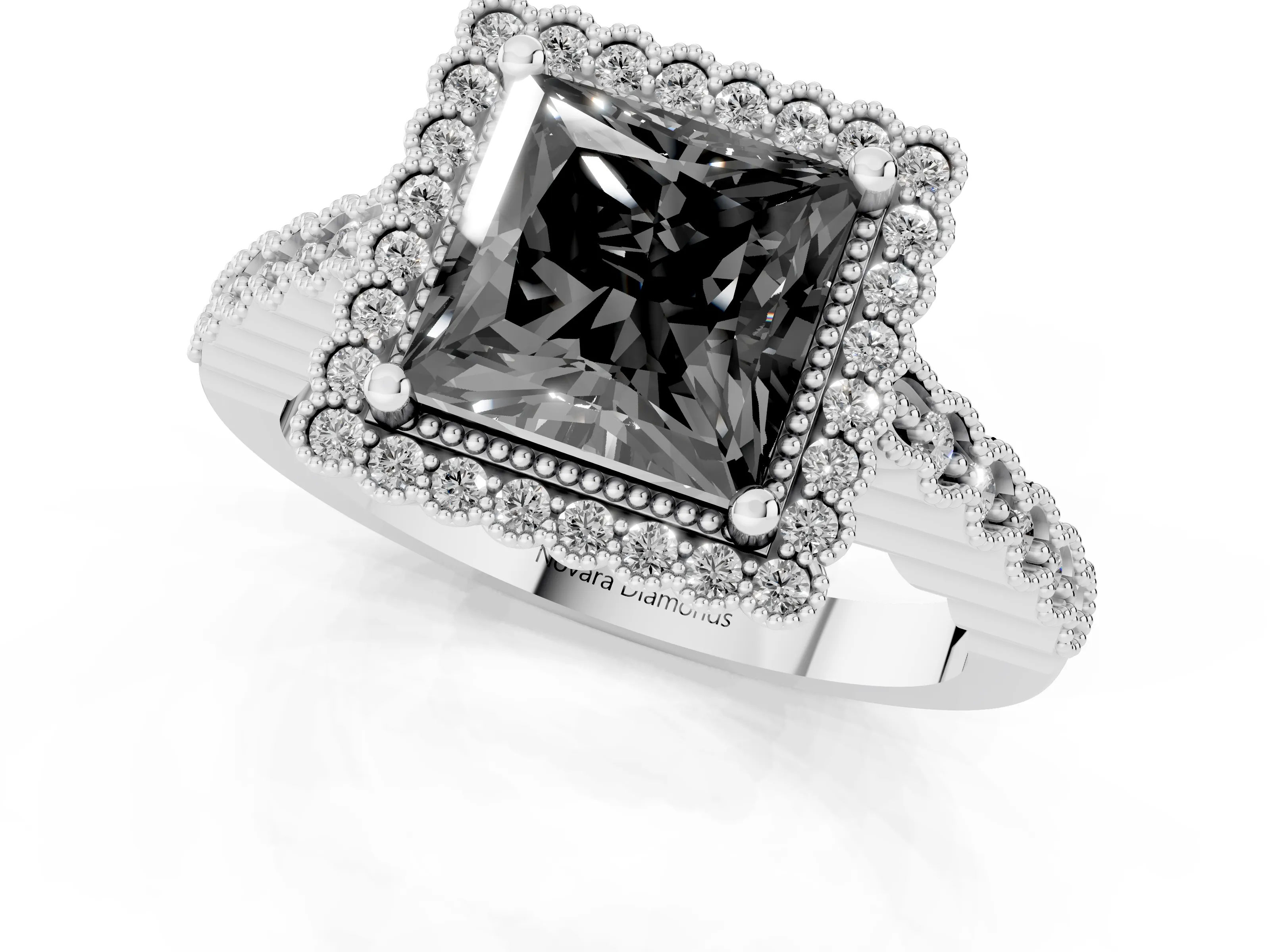 Fancy Black Princess Cut Diamond Halo Ring Set in Platinum with Pavé Milgrain Band