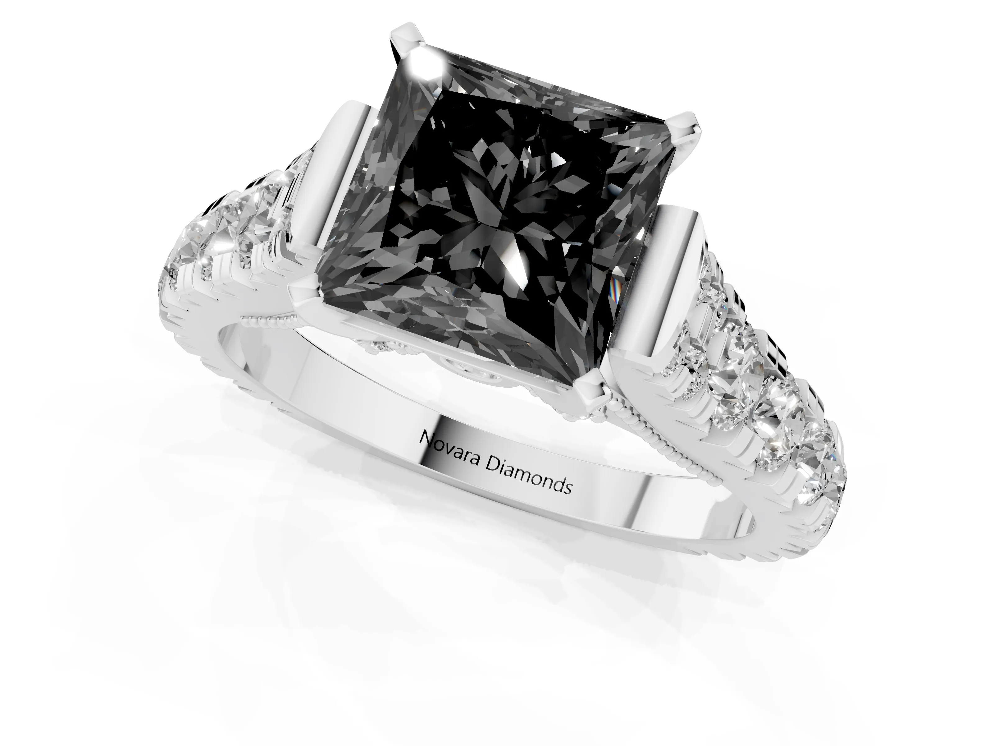 Fancy Black Princess Cut Diamond Classic Solitaire Ring Set in Silver with Pavé Band and Prong Setting