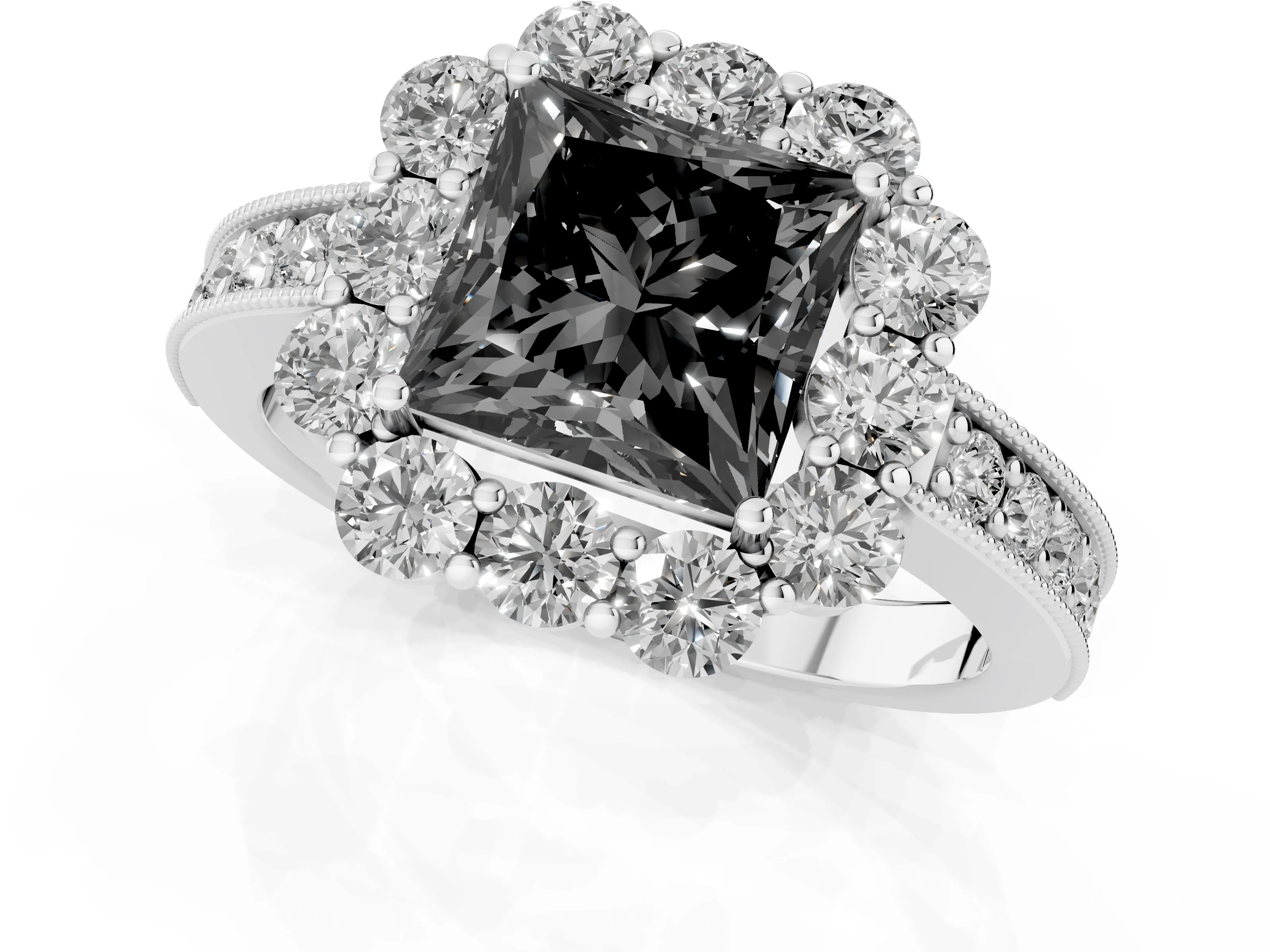 Fancy Black Princess Cut Diamond Halo Pavé Engagement Ring Set in Silver with Milgrain Detailing