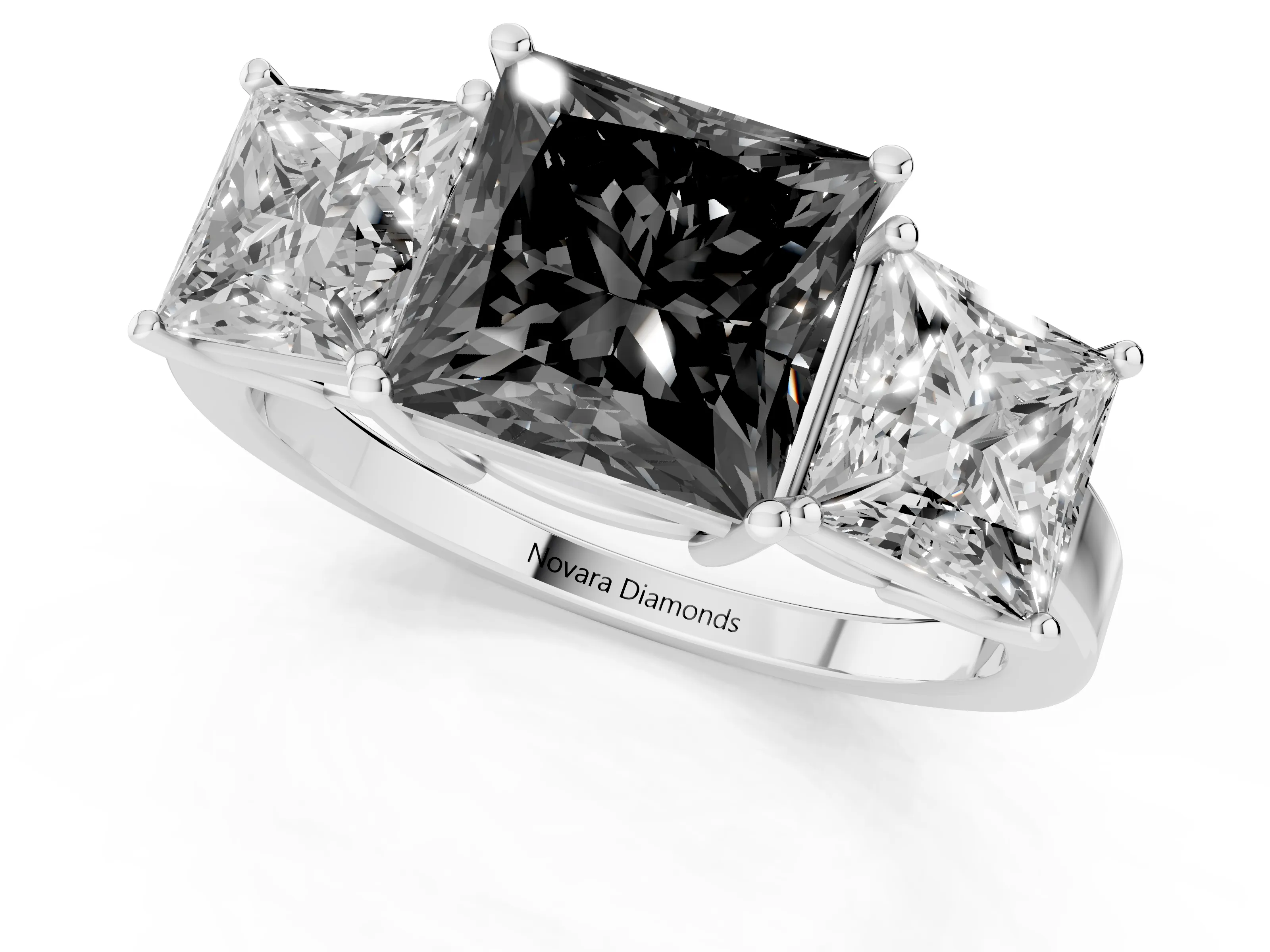 Fancy Black Princess Cut Diamond Three-Stone Engagement Ring Set in Silver with Flat Band