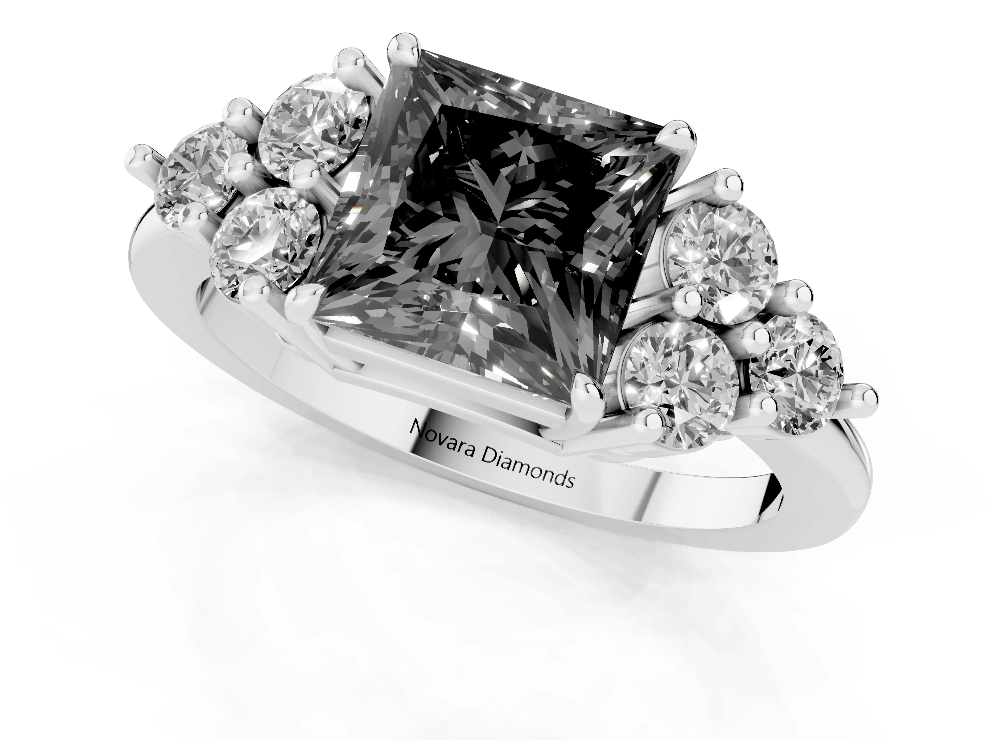 Fancy Black Princess Cut Diamond Solitaire Ring Set in Silver with Cluster Accents on Each Side