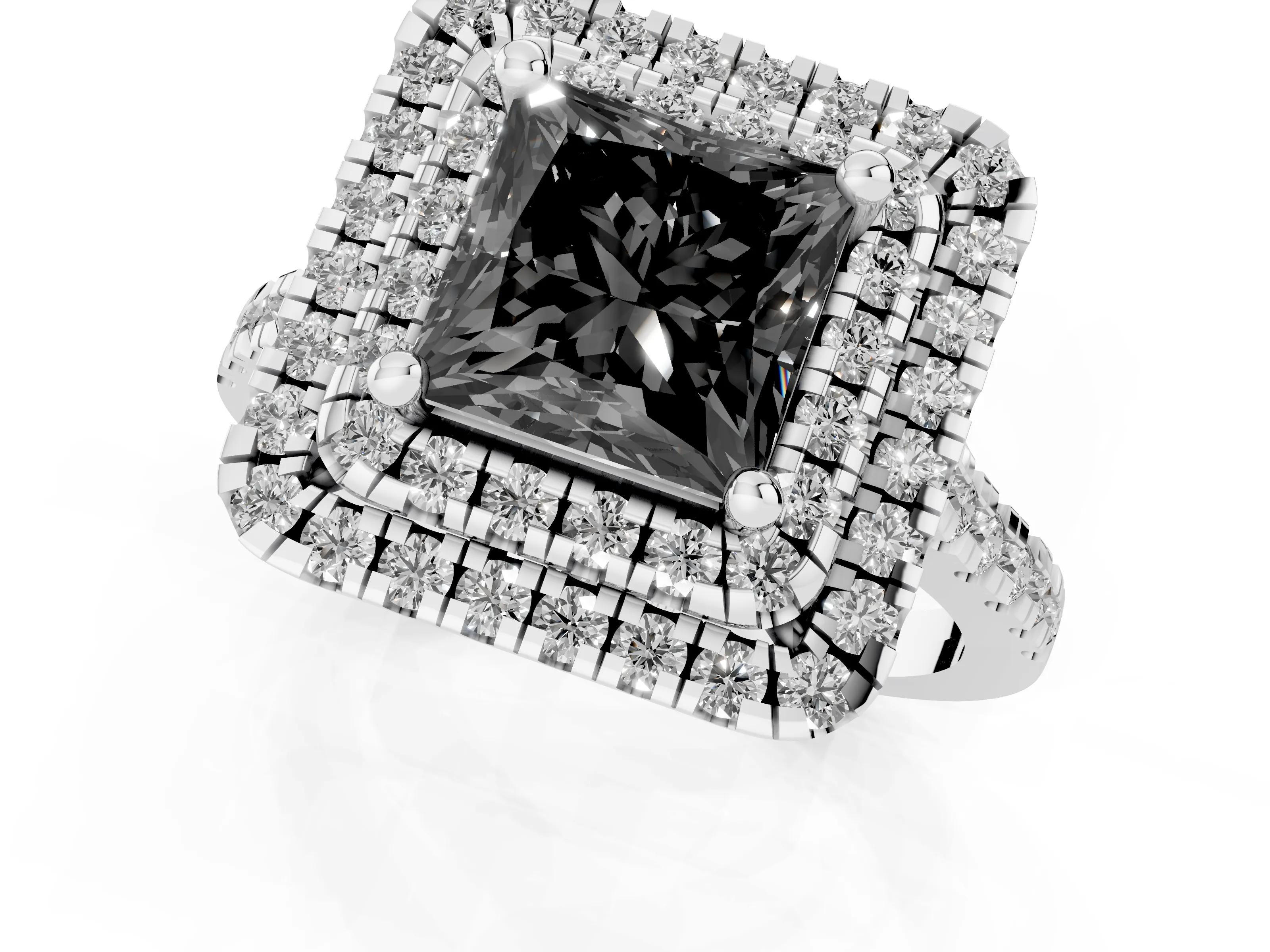 Fancy Black Princess Cut Diamond Double Halo Statement Ring Set in White gold with Pavé Band