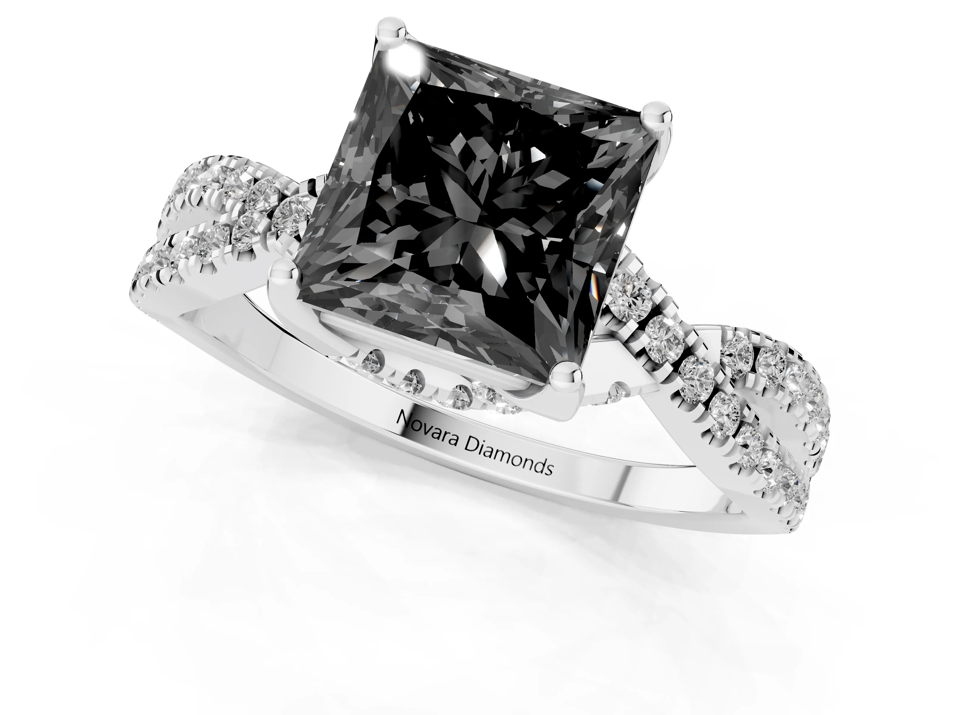 Fancy Black Princess Cut Diamond Twist Pavé Solitaire Engagement Ring Set in Platinum with Prong Setting