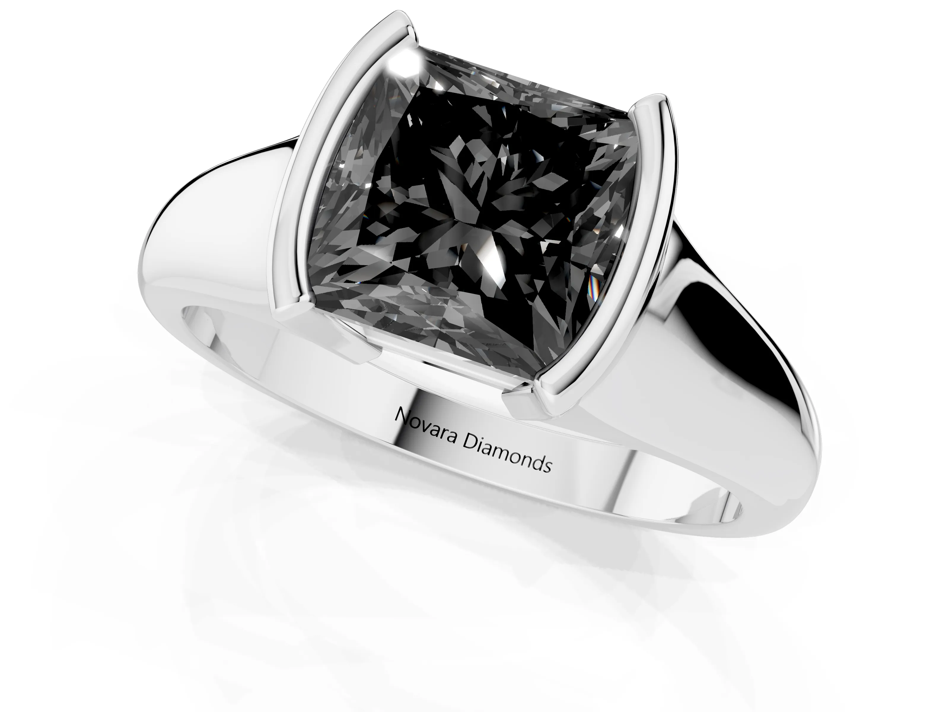 Fancy Black Princess Cut Diamond Solitaire Tension Set Ring Set in White gold with Split Shank Band