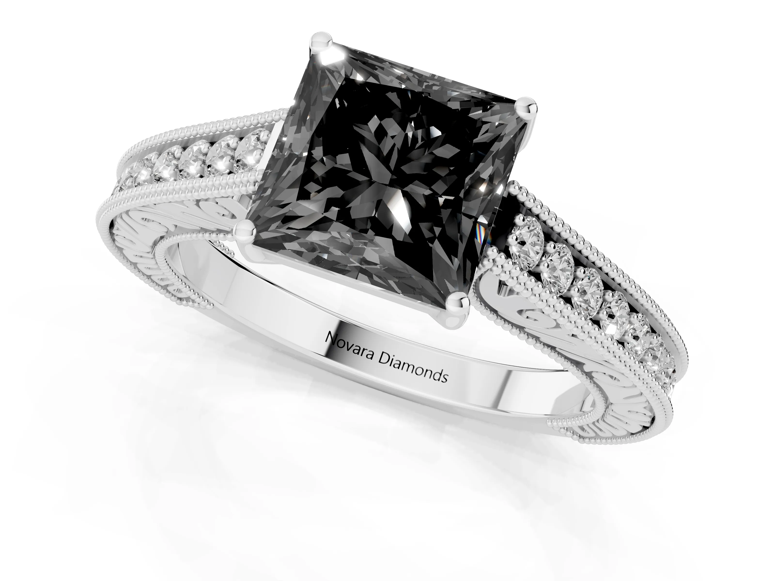 Fancy Black Princess Cut Diamond Milgrain Pavé Band Solitaire Ring Set in Platinum with Prong Setting