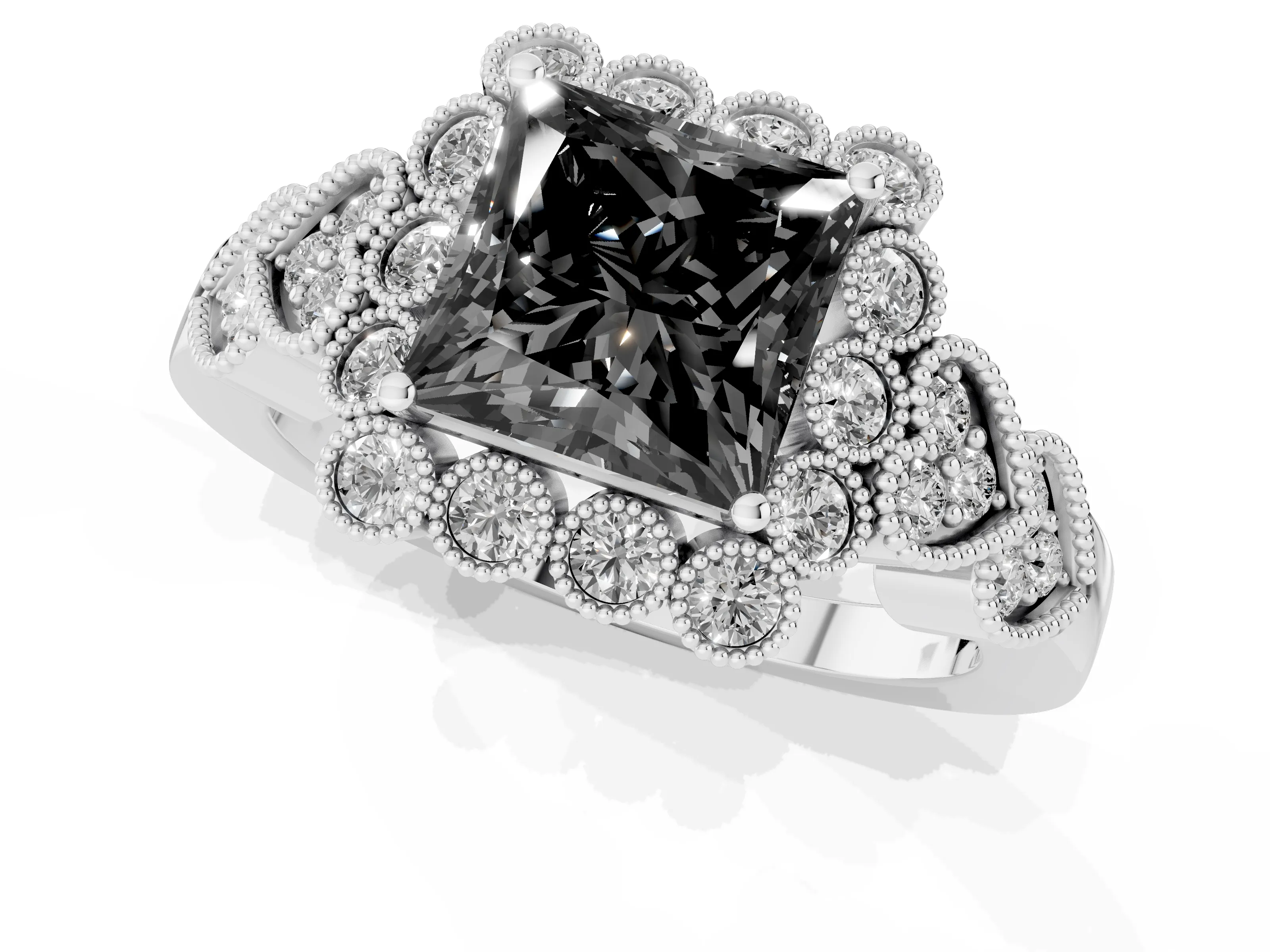 Fancy Black Princess Cut Diamond Solitaire Ring Set in Silver with Milgrain Pavé Heart Band