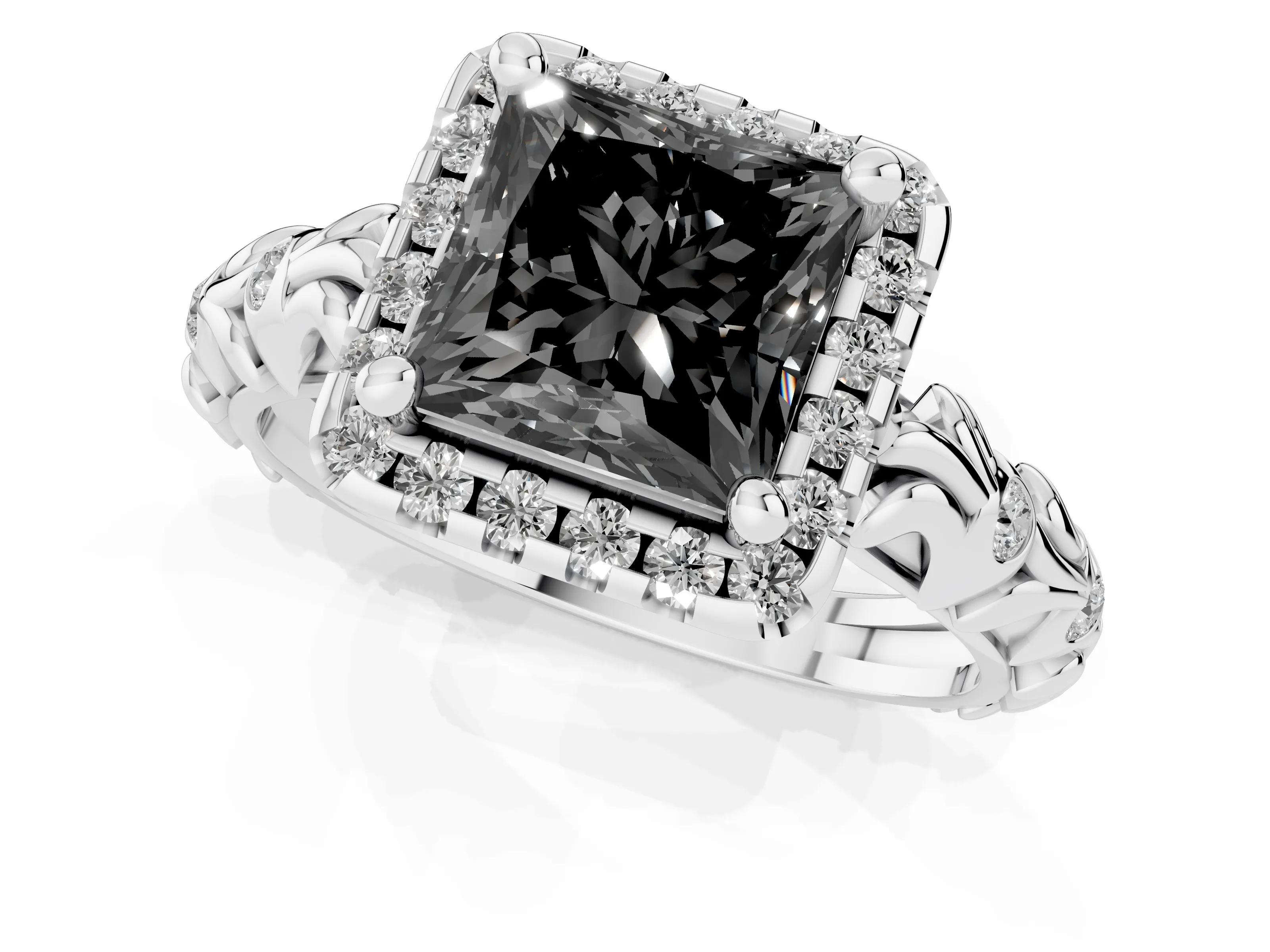 Fancy Black Princess Cut Diamond Halo Ring Set in Silver with Filigree Leaf Band and Prong Setting