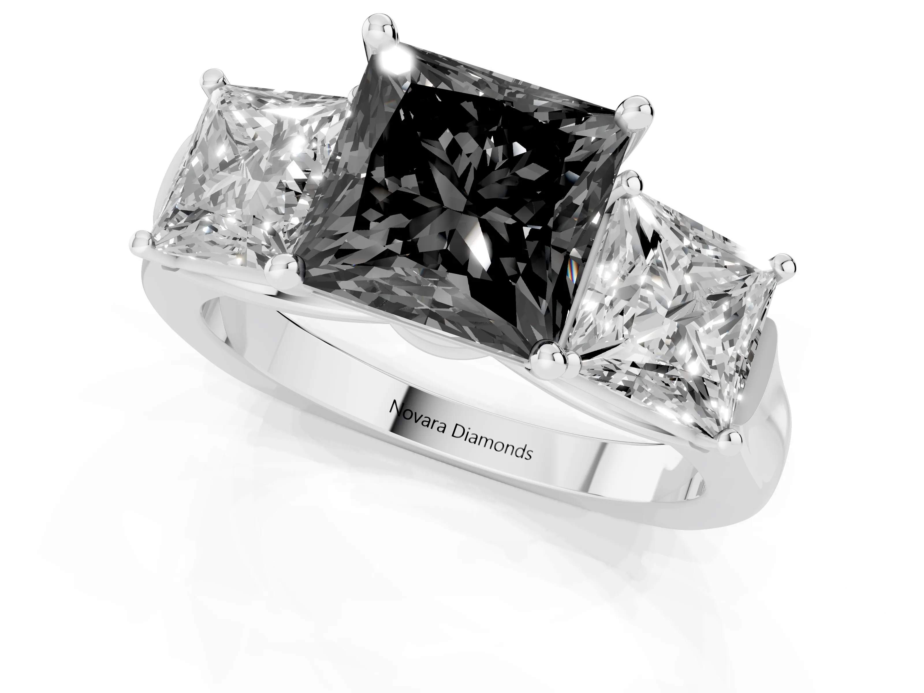 Fancy Black Princess Cut Diamond Three-Stone Trellis Ring Set in Platinum with Comfort Fit Band