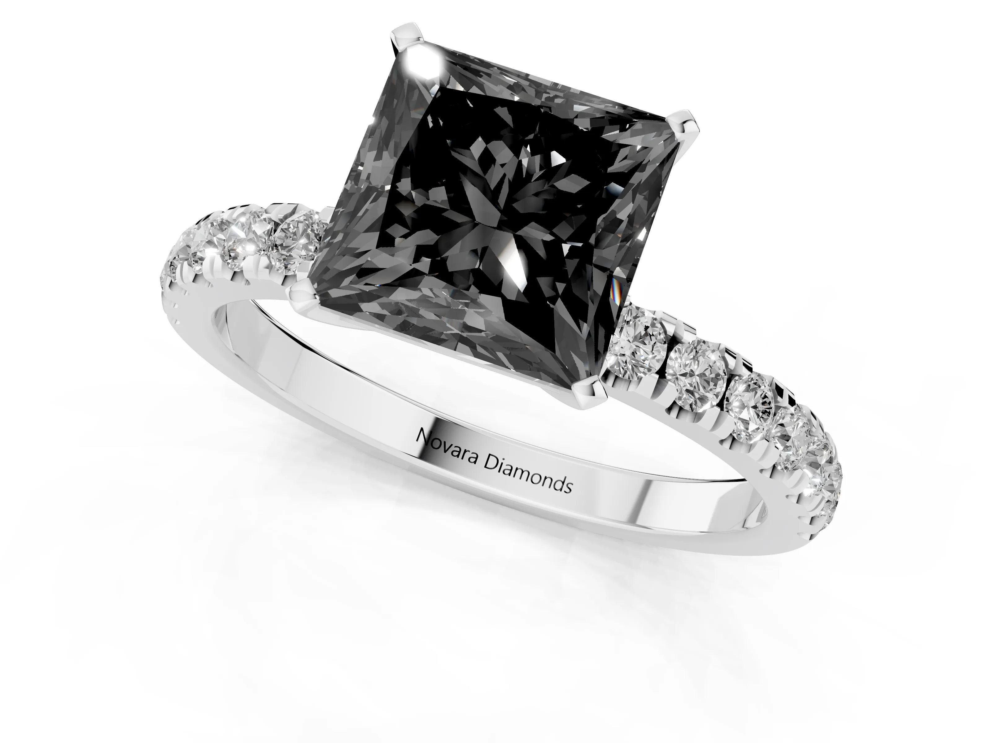Fancy Black Princess Cut Diamond Solitaire Ring Set in Silver with Pavé Accents and Prong Setting