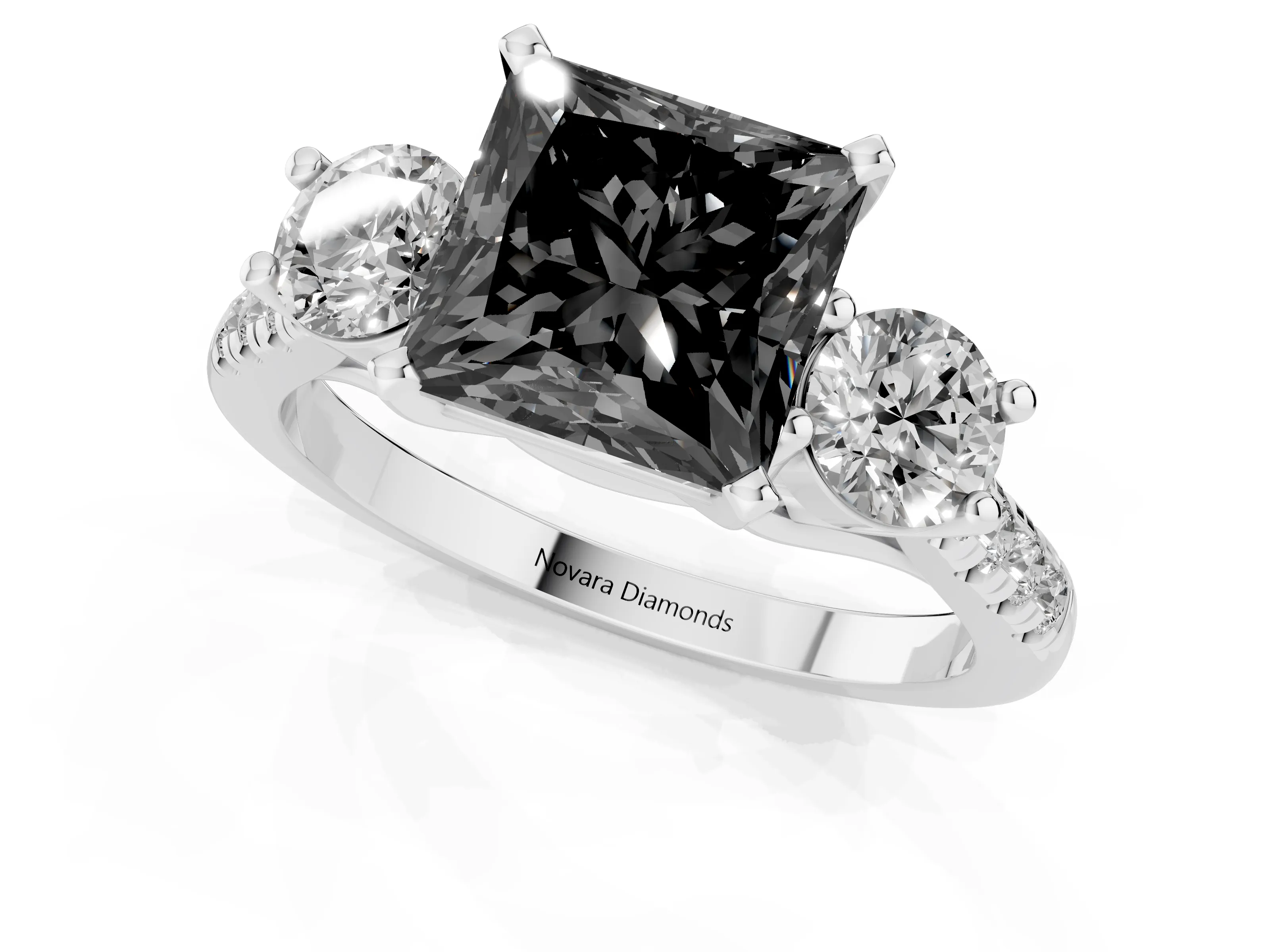 Fancy Black Three-Stone Princess Cut Diamond Pavé Band Ring Set in Platinum with Prong-Set Trio