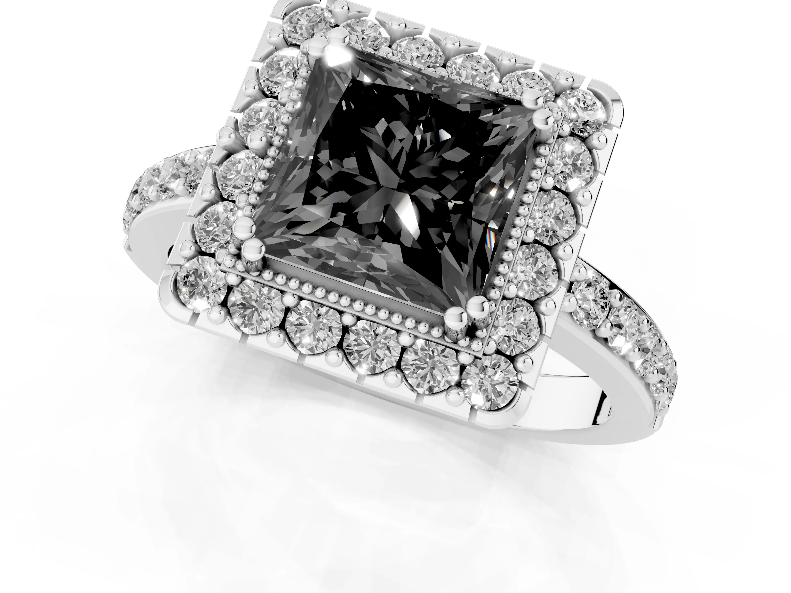 Fancy Black Princess Cut Diamond Halo Ring Set in White gold with Pavé Shank and Prong Setting