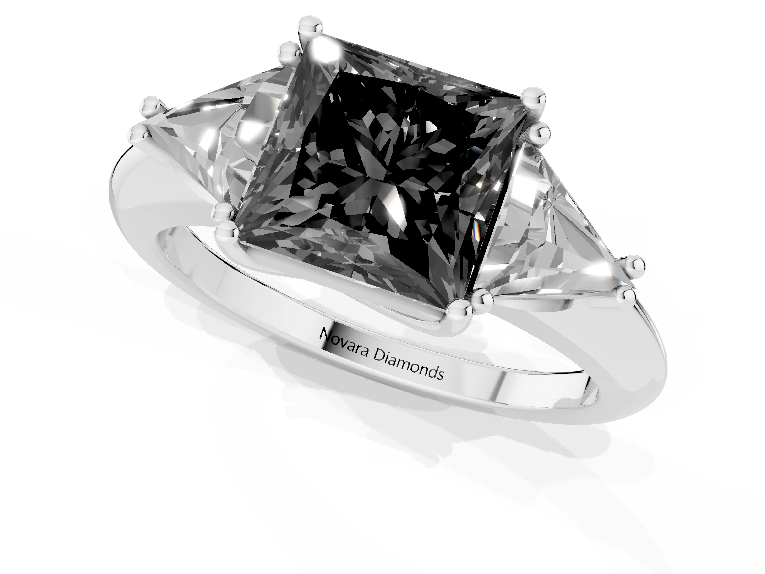 Fancy Black Princess Cut Diamond Three-Stone Engagement Ring Set in Silver with Trillion Side Stones