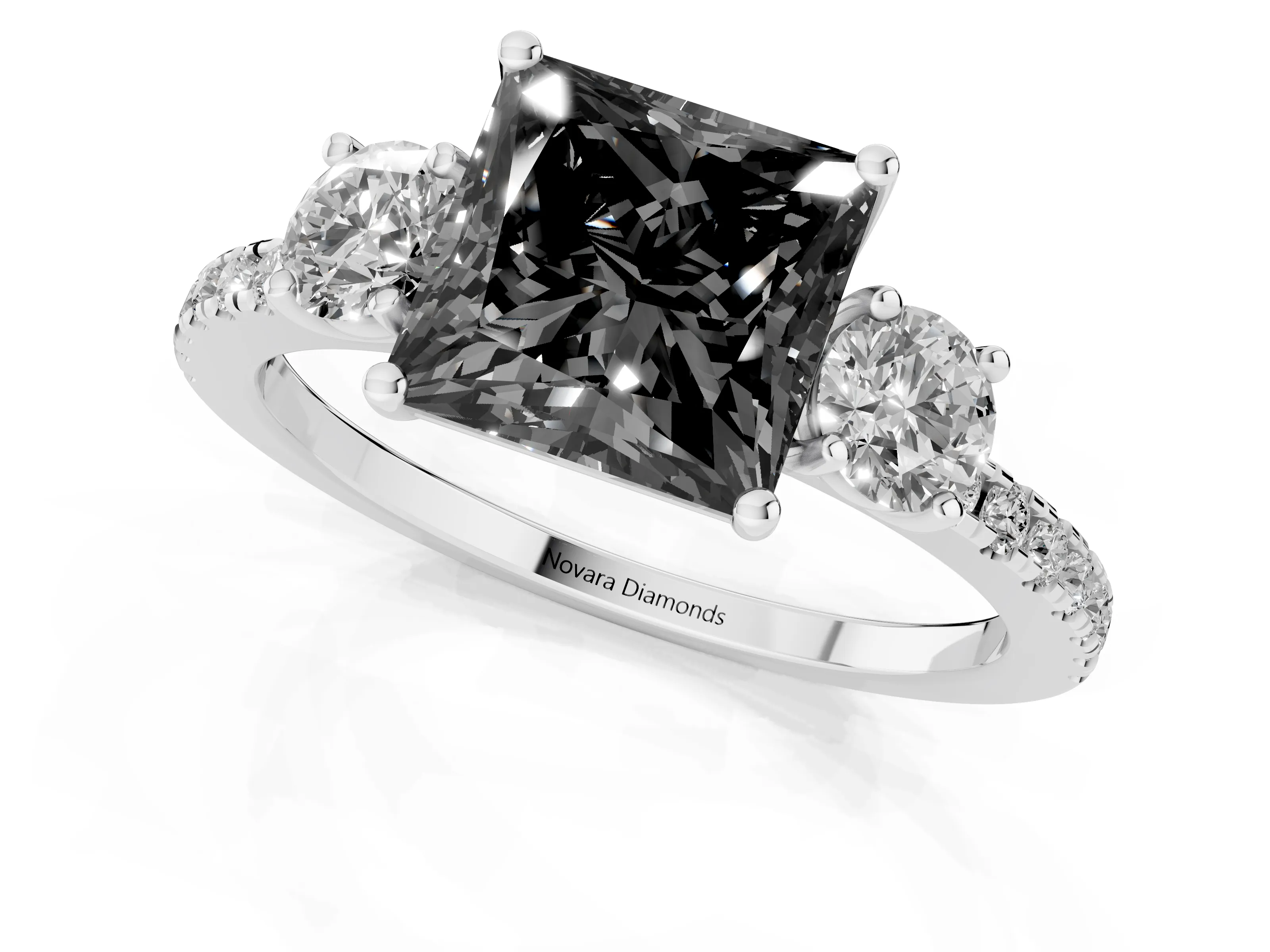 Fancy Black Princess Cut Diamond Three-Stone Ring Set in White gold with Pavé Band and Graduated Sides – second view