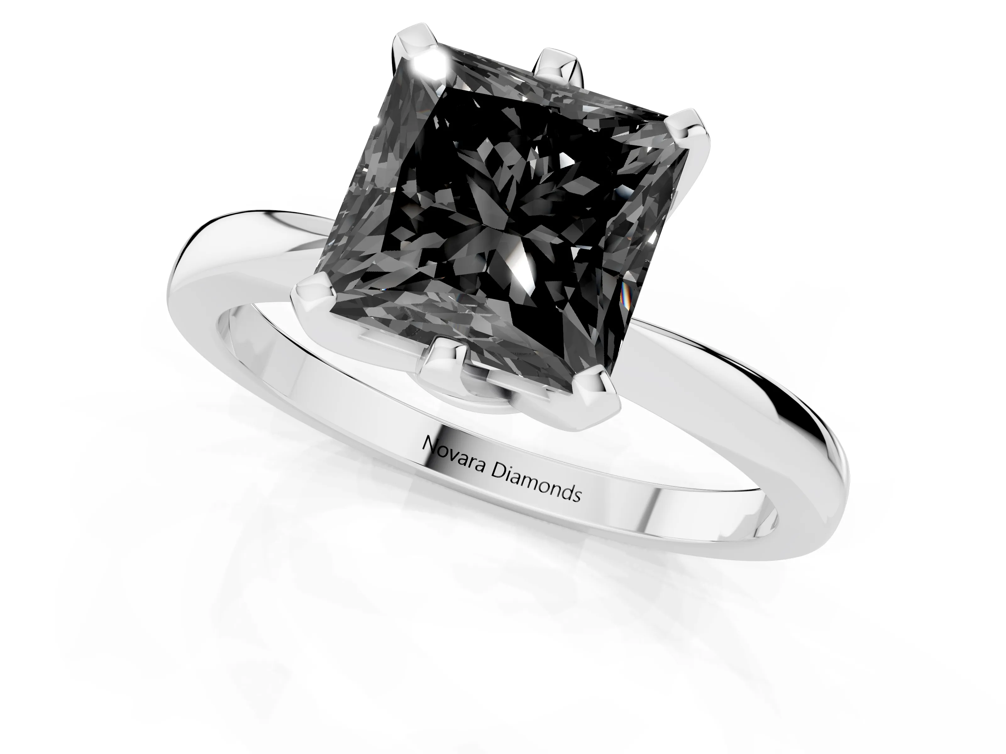 Fancy Black Princess Cut Diamond Solitaire Engagement Ring Set in White gold with Slim Tapered Solitaire Band