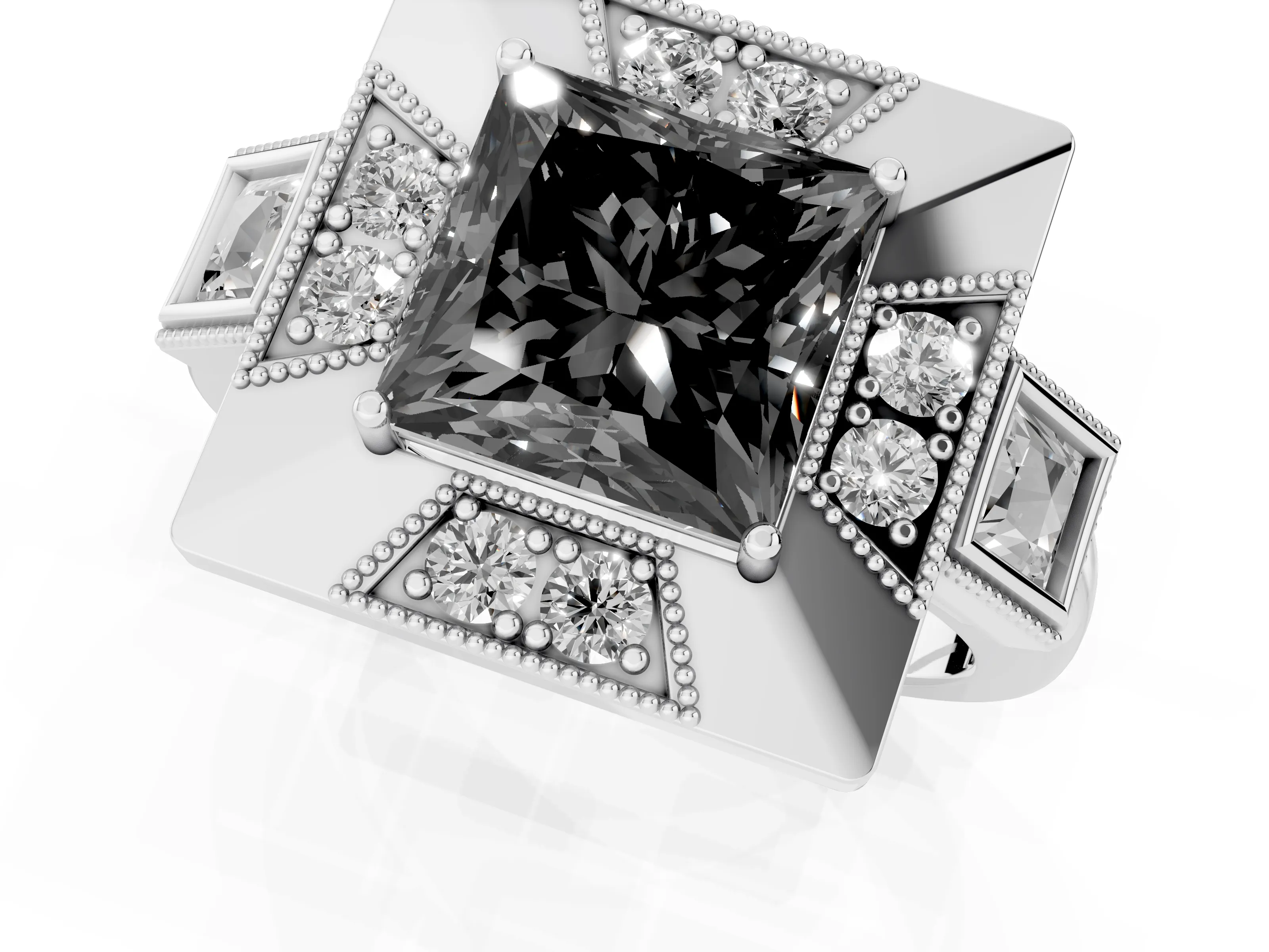 Fancy Black Princess Cut Diamond Milgrain Halo Ring Set in White gold with Split Shank – second view