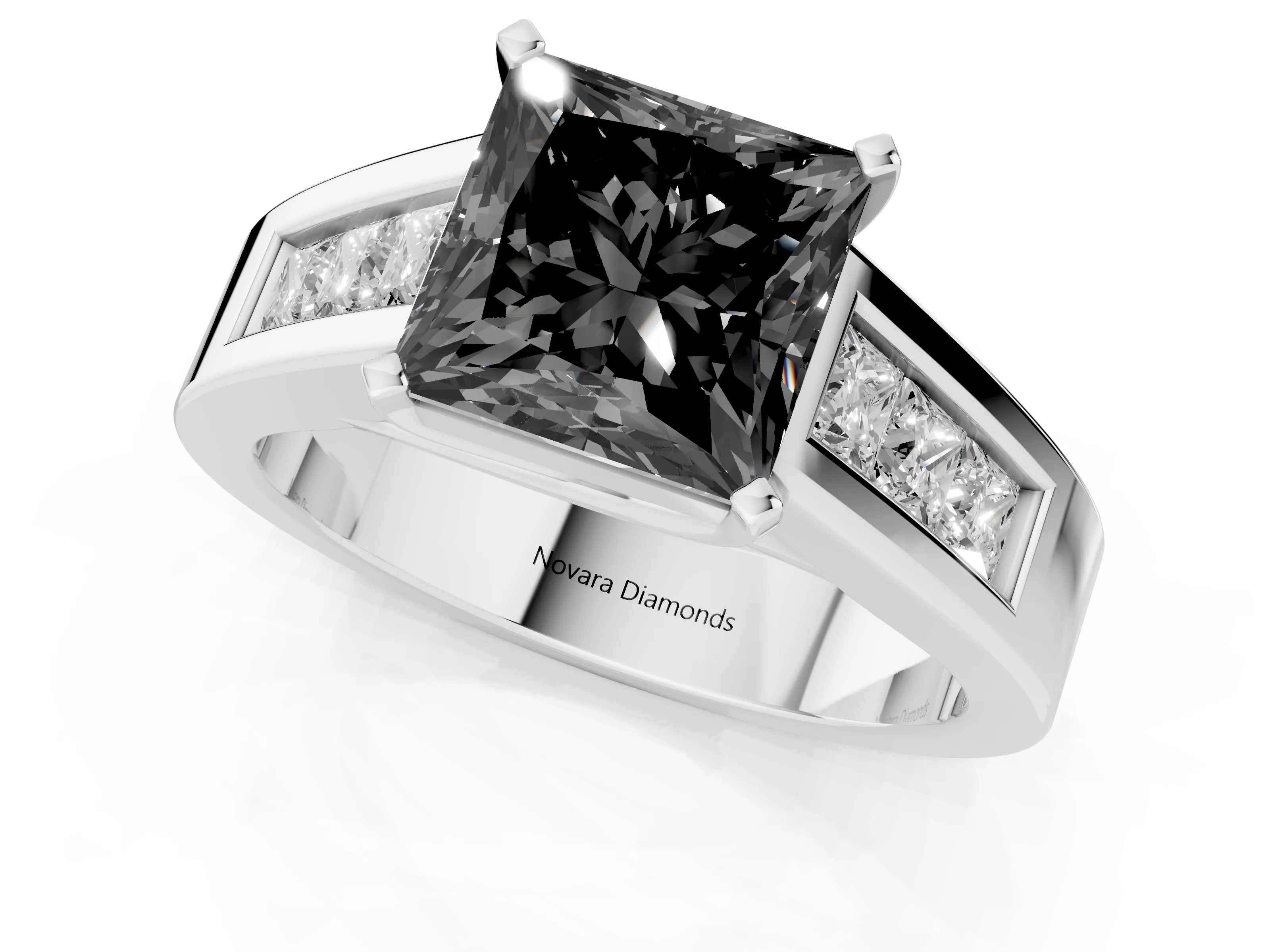Fancy Black Princess Cut Diamond Solitaire Ring Set in Silver with Channel-Set Accent Stones and Prong Setting