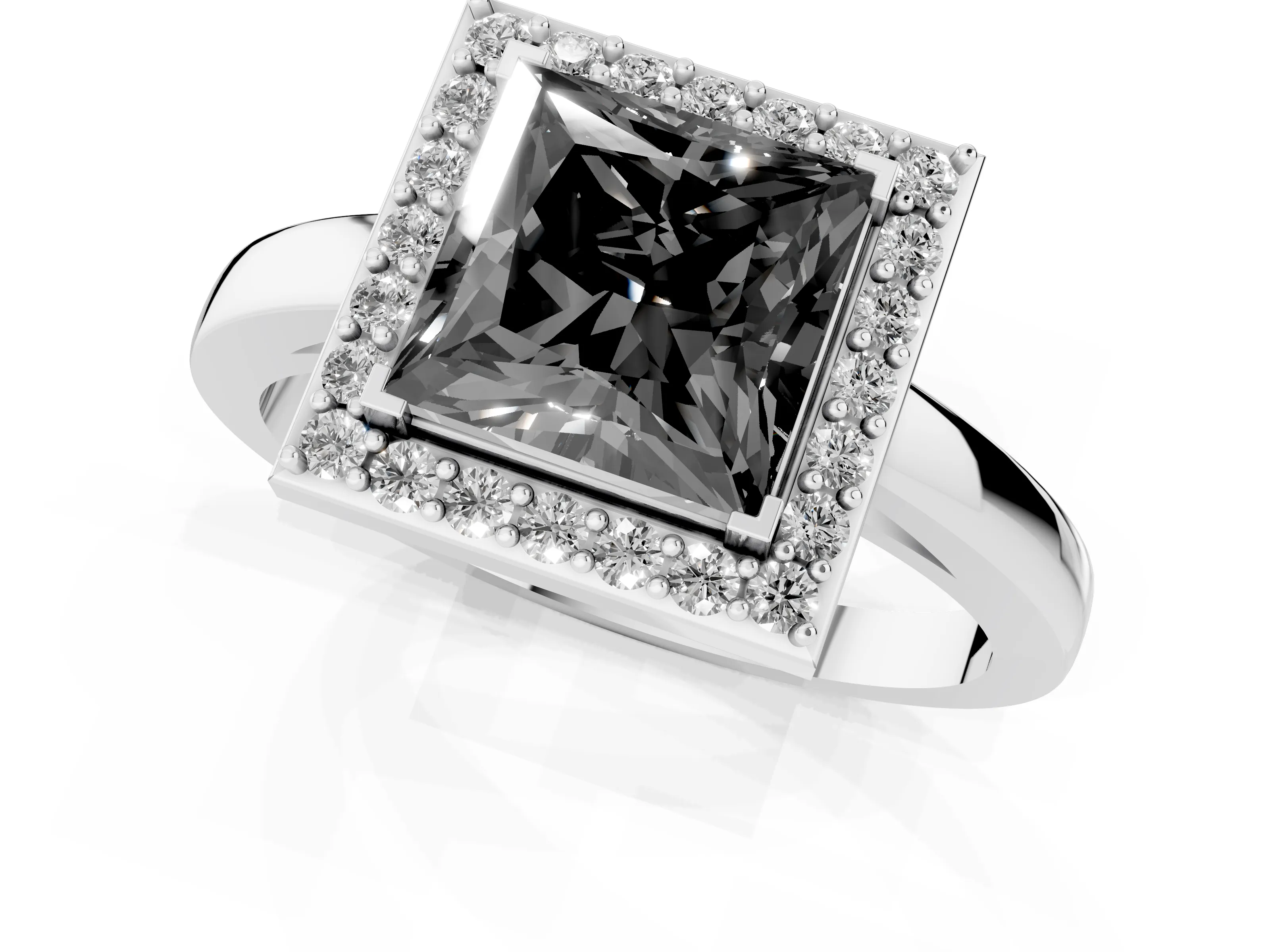 Fancy Black Princess Cut Diamond Halo Ring Set in White gold with Solitaire Band and Prong Setting