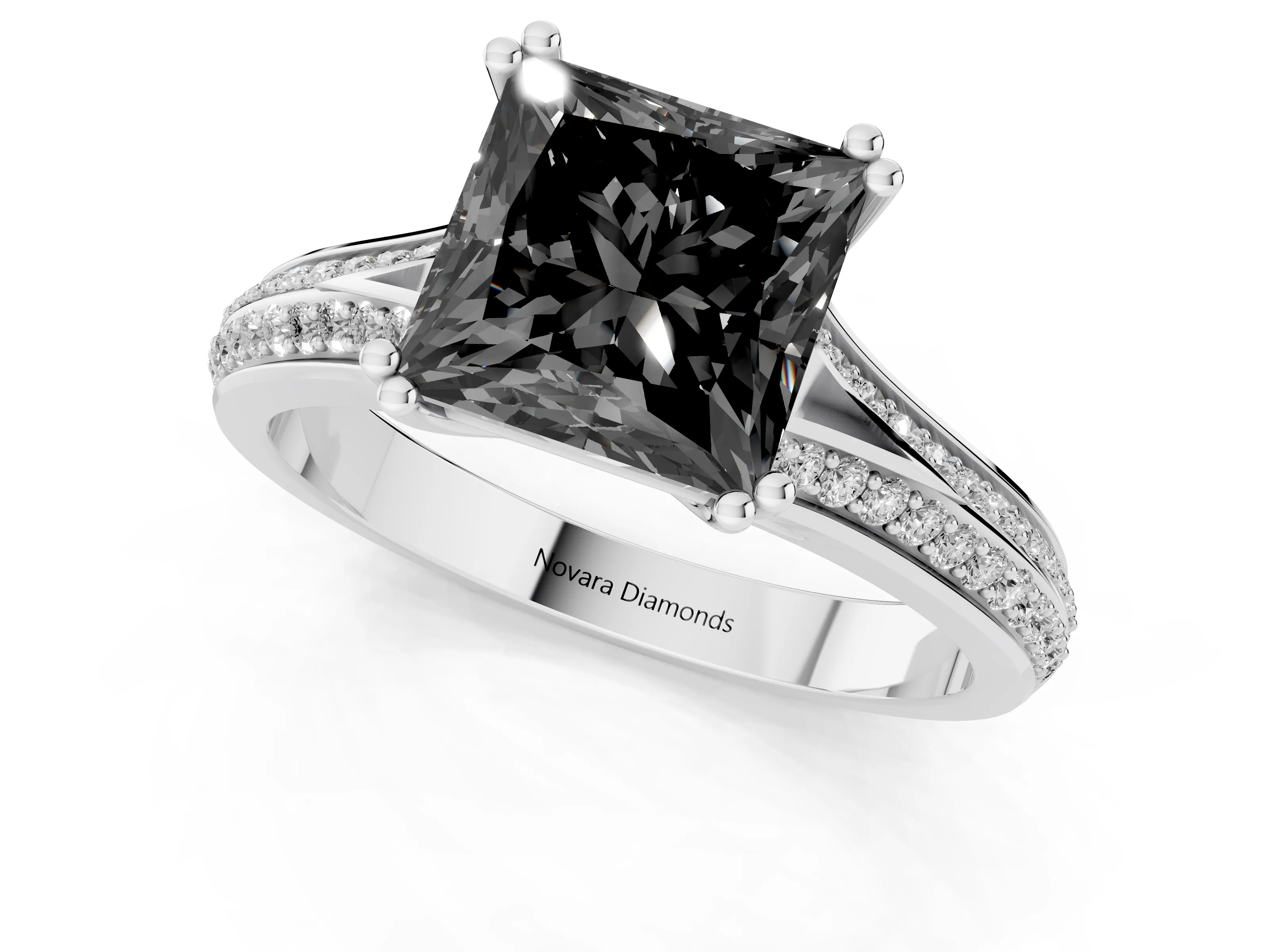 Fancy Black Princess Cut Diamond Split Shank Pavé Engagement Ring Set in Silver with Prong-Set Center Stone